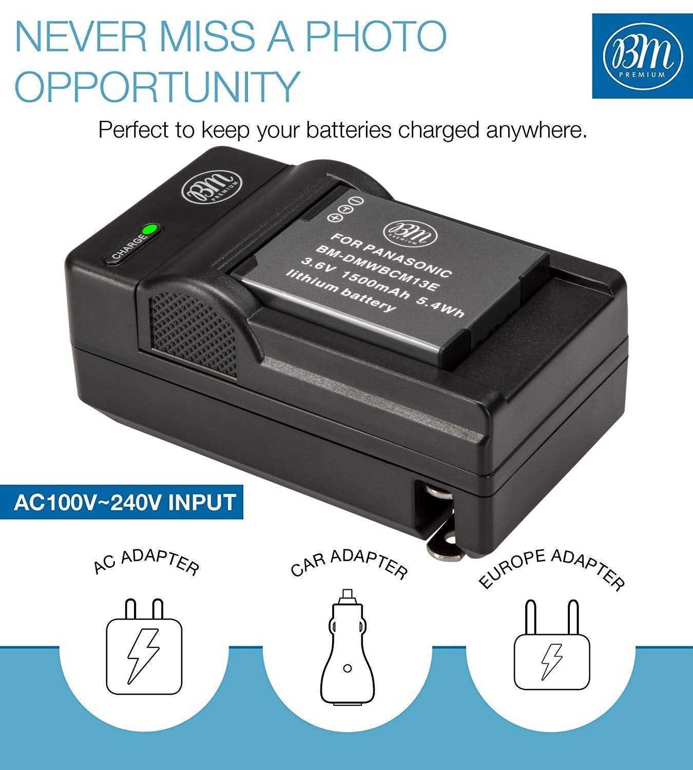 BM Premium DMW-BCM13E Battery and Charger for Panasonic Lumix DC-TS7, DMC-FT5A, LZ40, TS5, TS6, TZ37, TZ40, TZ41, TZ55, TZ60, DMC-ZS27, DMC-ZS30