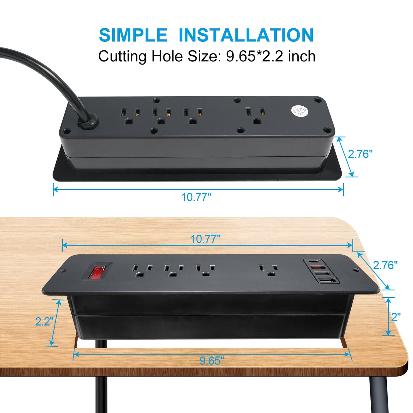 8 Outlets Dual Side USB C Recessed Power Strip Flush Mount Charging Station Built in Desk Multiple Power Socket for Furniture Cabinet Table Conference