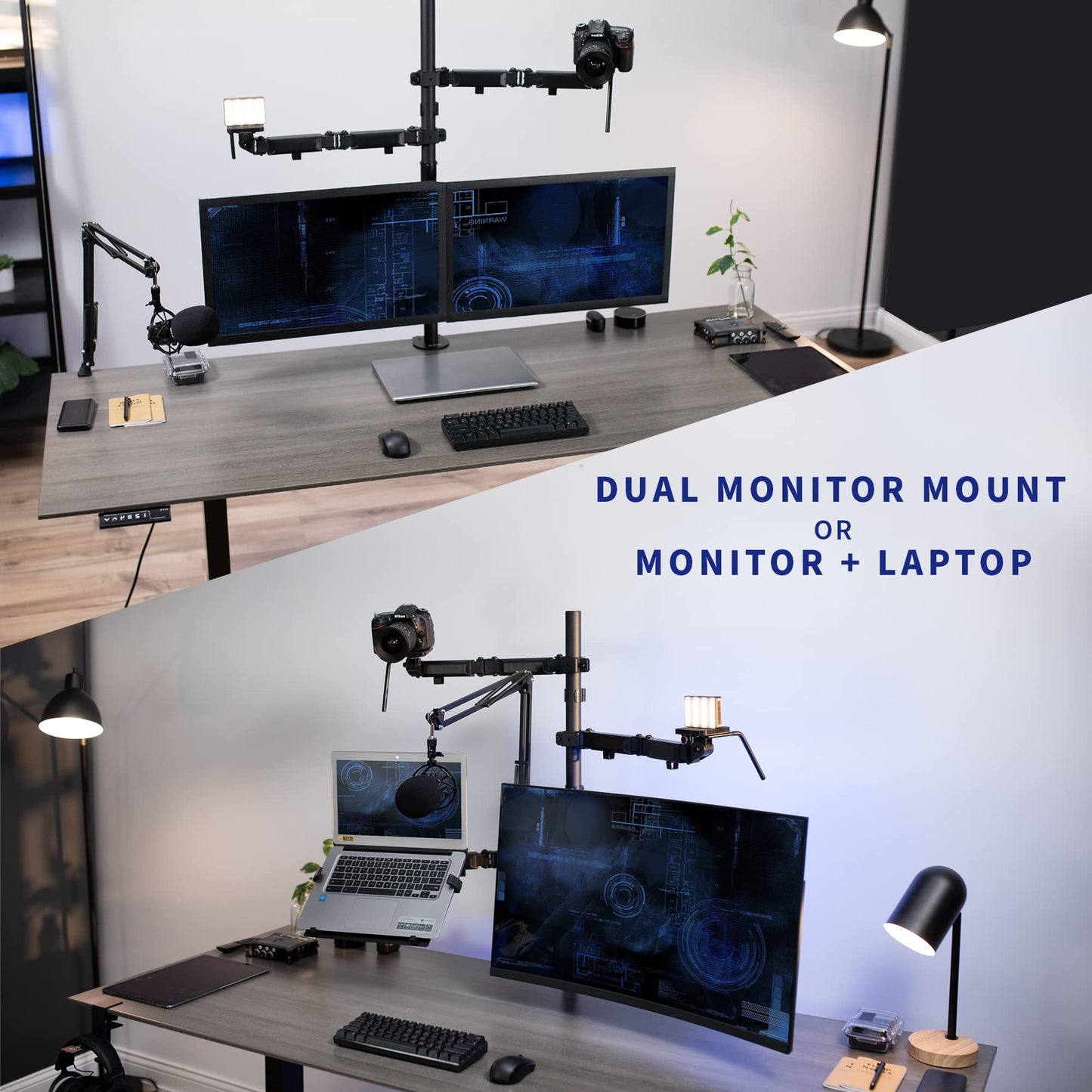 VIVO All-in-One Computer Studio Desk Mount, Mic Boom, Dual Monitor Mount up to 32 inches, Laptop Stand, Livestream Arms Compatible with Cameras