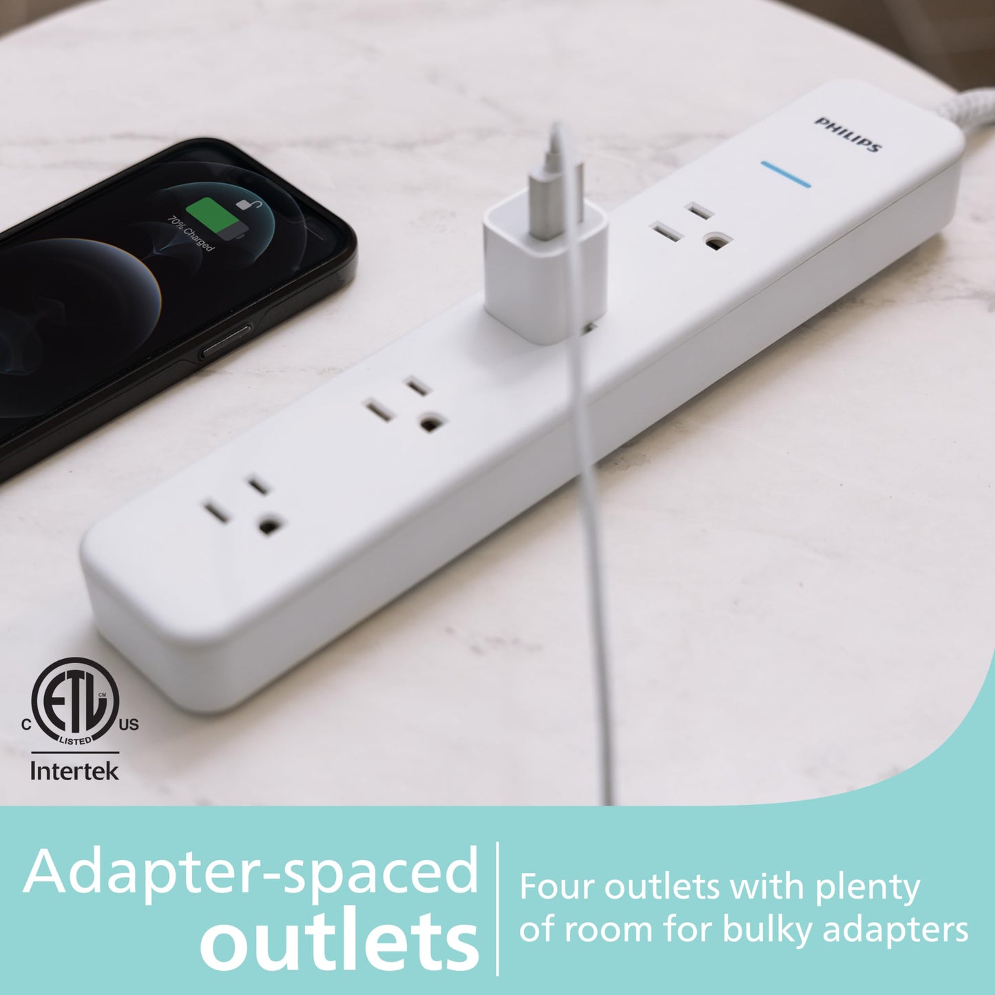Philips 4-Outlet Surge Protector Power Strip, 4 Ft Braided Extension Cord, Multi Plug Outlet Extender, Adapter-Spaced, 450 Joules, White, SPP3563W/37