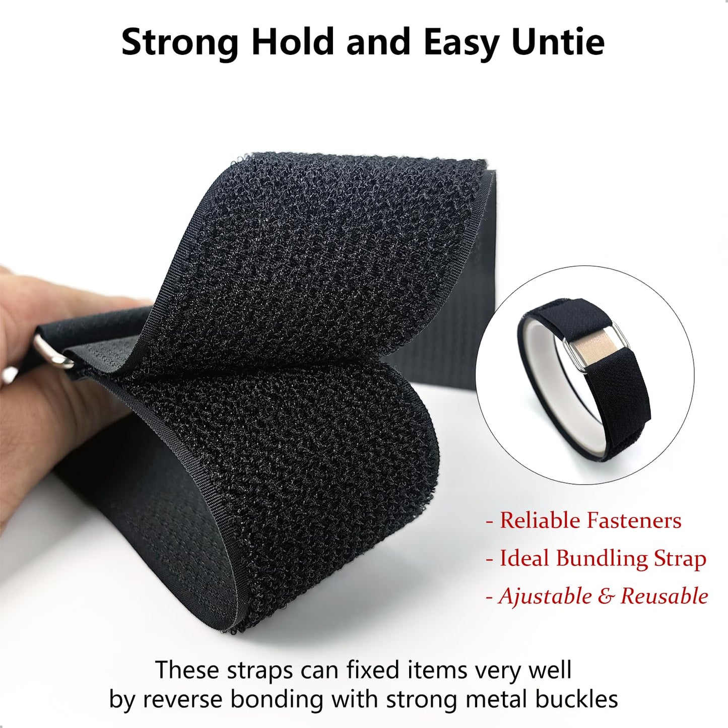 Hook and Loop Straps, 2'' x 16.5', Fastening Cinch Straps with 15 Metal Buckles, Cut to Length, Heavy Duty, Reusable Cable Straps, Cord Straps, 16.5