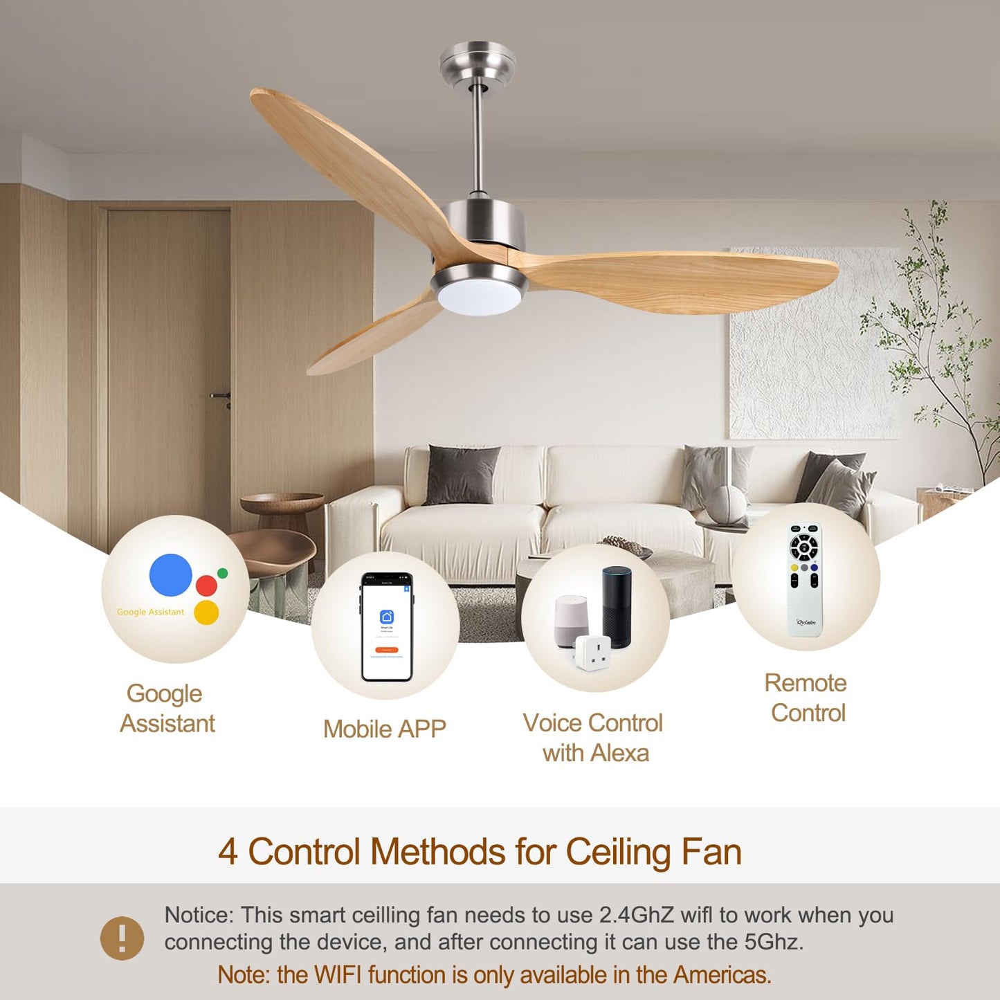 Ovlaim 52 Inch Wood Ceiling Fan with Light, Quiet DC Motor, Smart 6-Speed