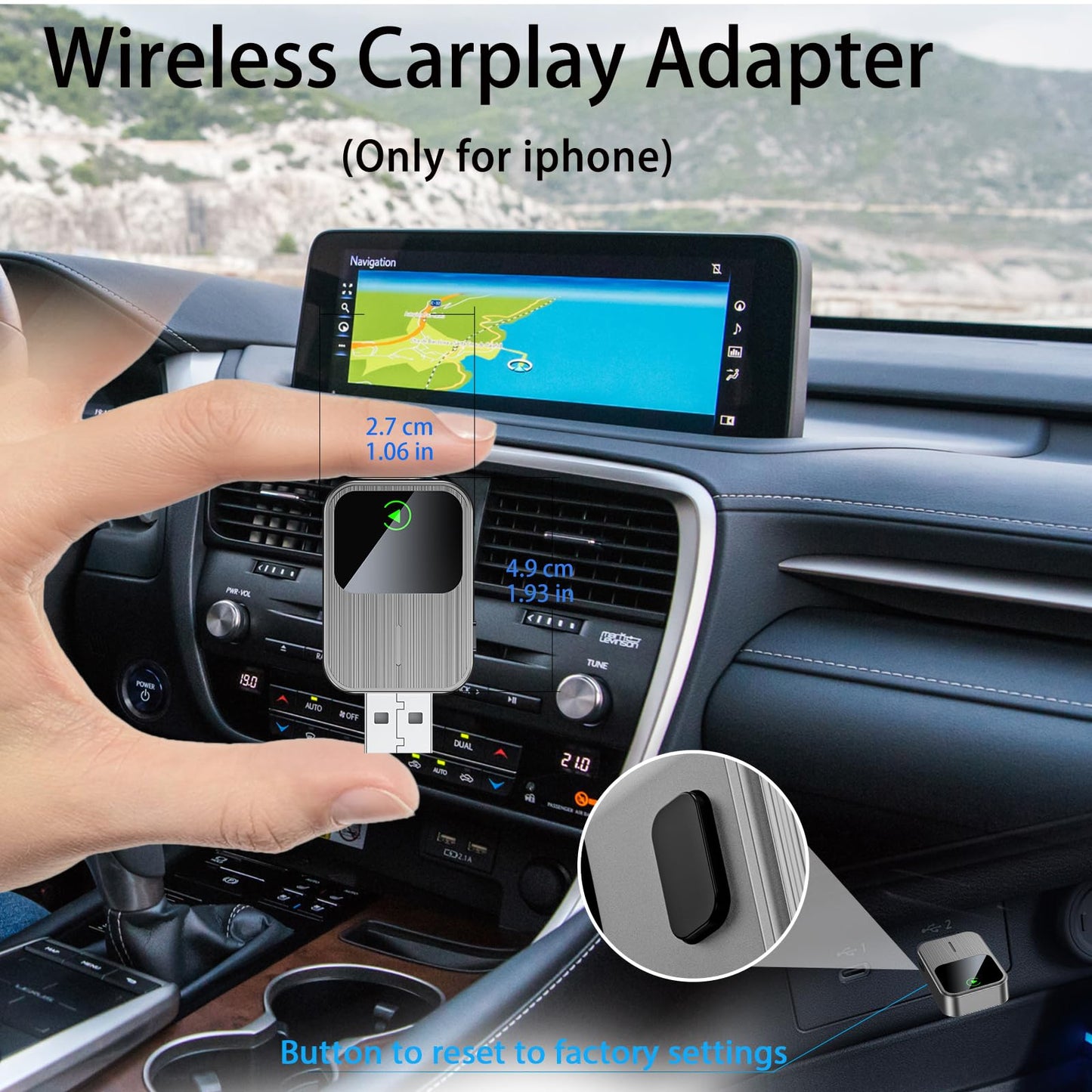 Wireless CarPlay Adapter for iPhone - Wired to Wireless CarPlay,Plug & Play,Fast & Stable Connection,Mini USB & Reset Button,Compatible with Cars