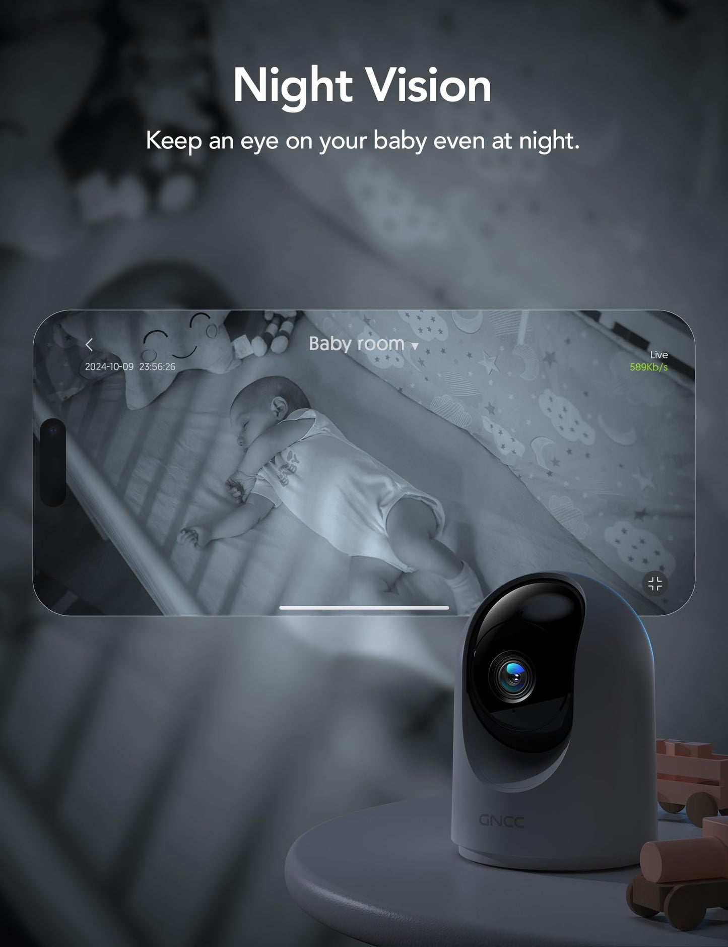 GNCC Indoor Security Camera, 2K Cameras for Home Security with Motion Detection, Baby/Pet Camera with Phone App, Night Vision, 2-Way Audio, TF/Cloud