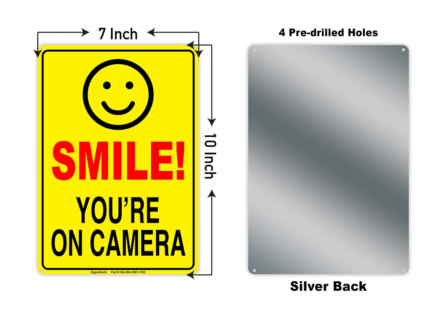 SIGNOGRAFX 2-Pack SMILE YOU’RE ON CAMERA SIGN, 10 x 7, Video Surveillance Signs, Reflective, Easy to Install,Driveway Alert, CCTV Indoor and Outdoor