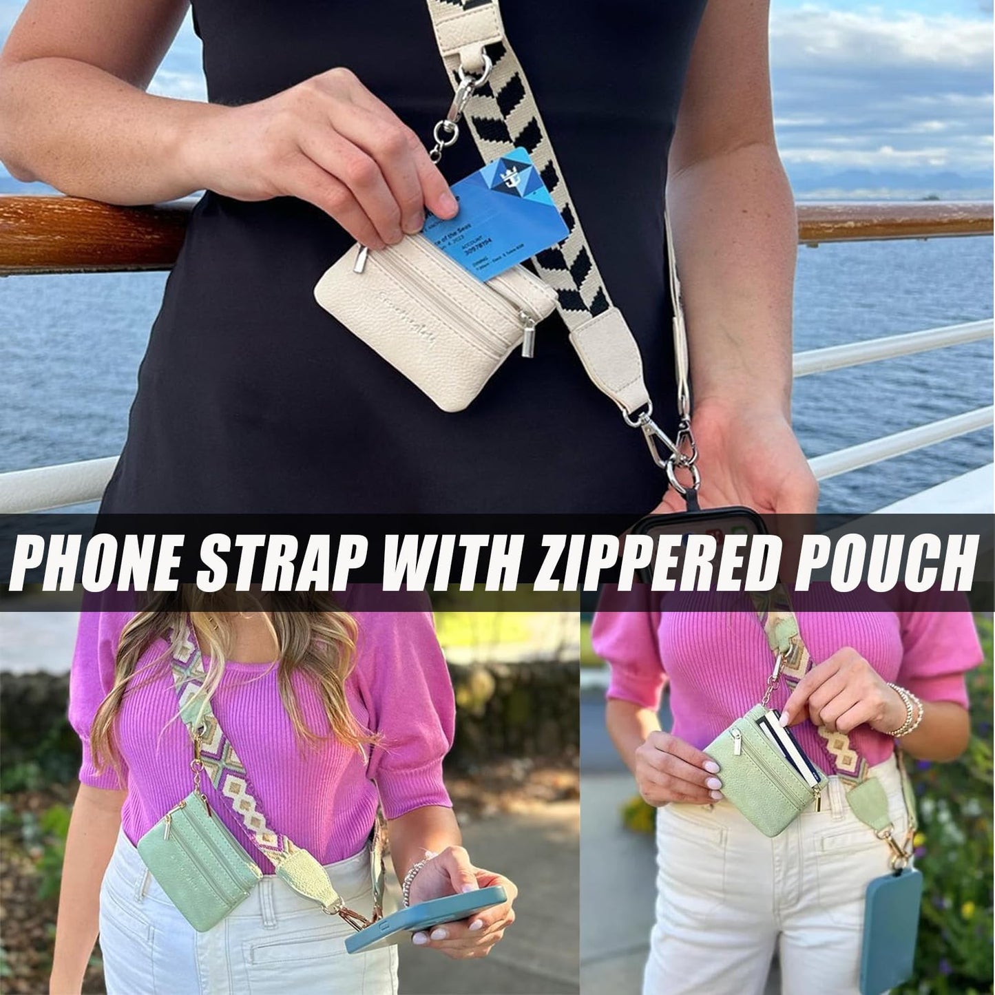 DANONI Clip and Go Strap for Phone with Wallet Crossbody,Phone Strap with Zippered Pouch,Adjustable Straps Crossbody Chest Bag(D)