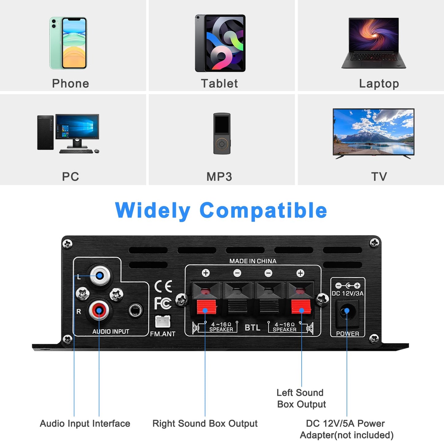 AK-380 USB SD BT.C FM AUX Audio Power Amplifier 2.0 CH 40W+40W HiFi Stereo AMP Speaker Bluetooth 5.0 Amp Receiver with 12V 5A Power Supply,FM Antenna