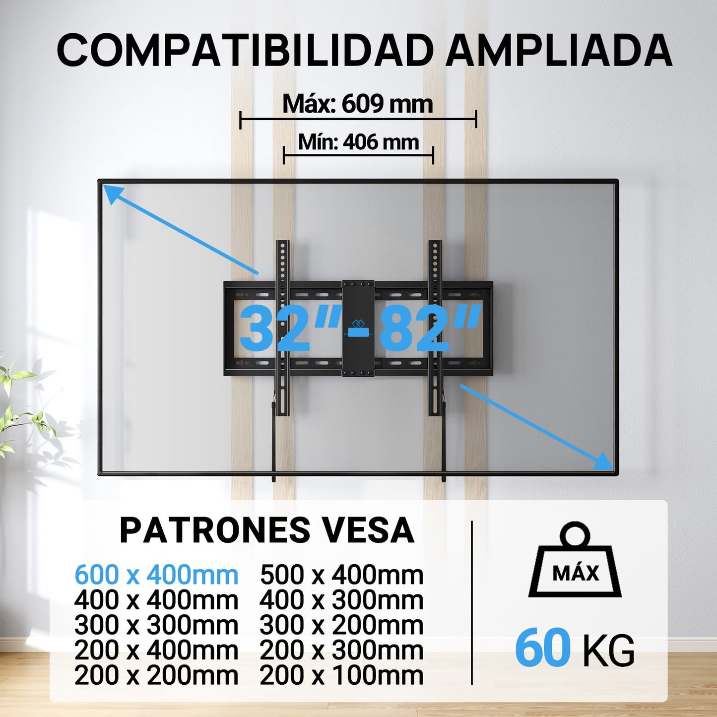 PERLESMITH Fixed TV Wall Mount Bracket for 32-82 Inch LED, LCD, and OLED Flat Screen TVs - Fits 16”- 24” Wood Studs, Fixed TV Mount with VESA 600 x