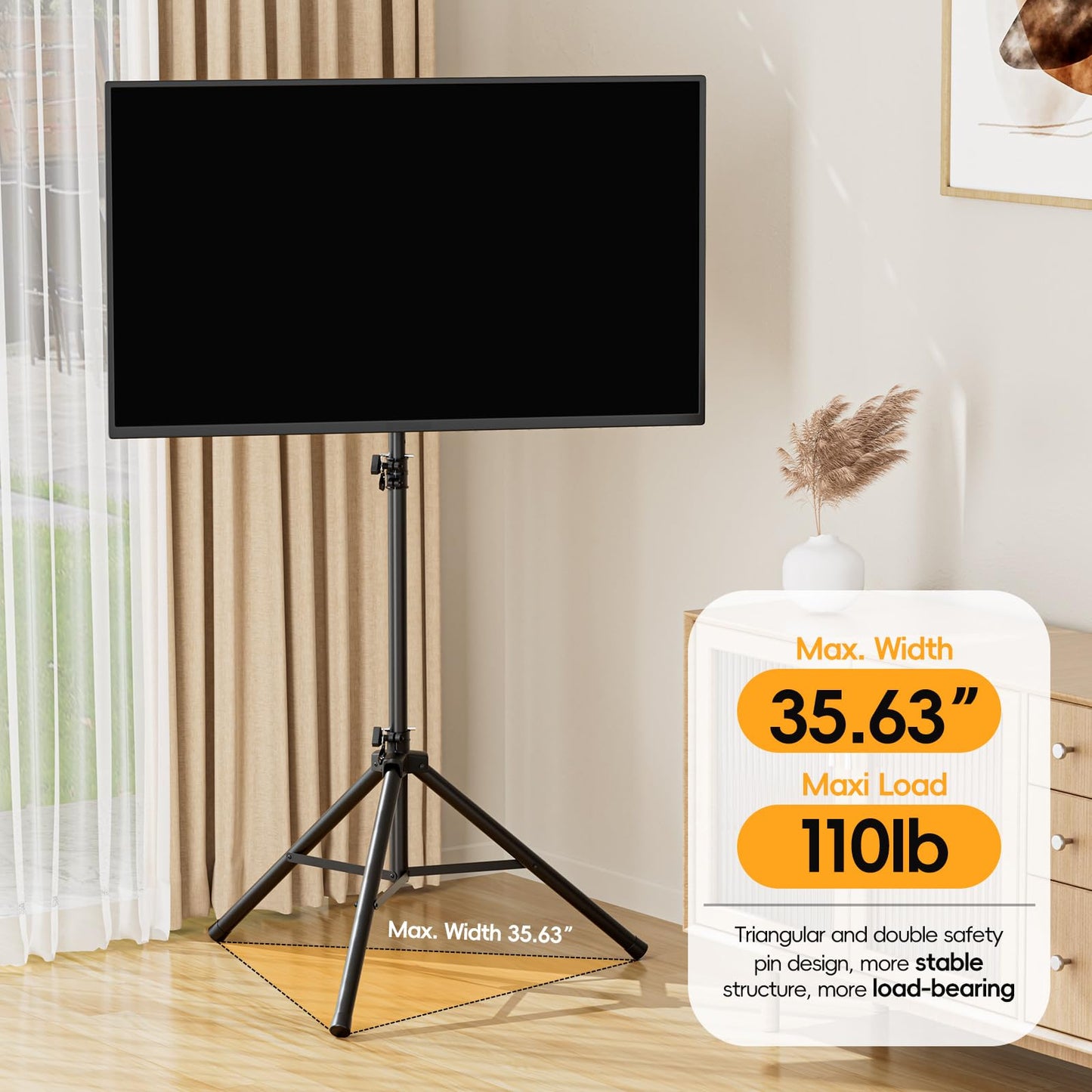 UEAKPIC Portable Tripod TV Stand for 25 to 65, 70-inch Television with ±15°Tilt, 5 Pillar Height, Dual Safety Pins, Tall Tvstand Maxi Load 110 lbs