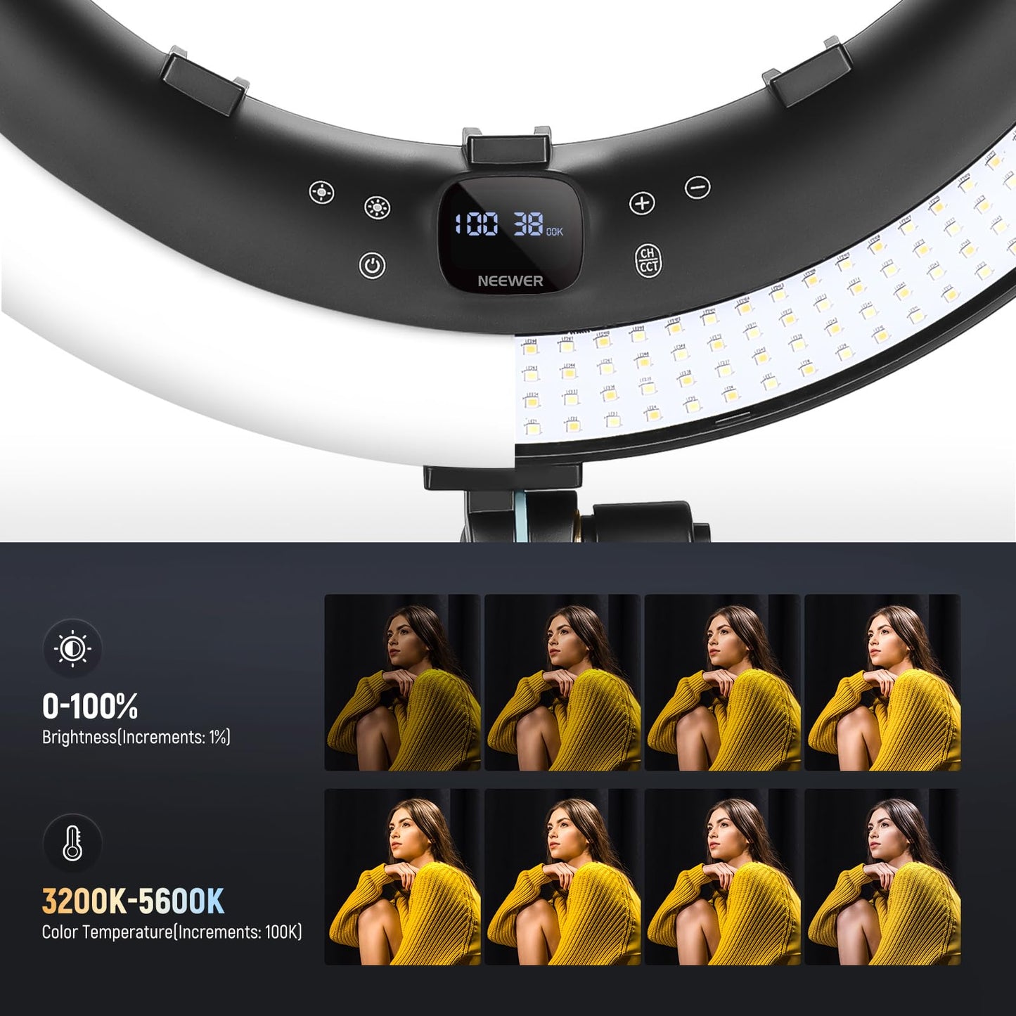 NEEWER RP19H 19" Ring Light with Tripod Stand/3 Phone Holders/Cleaning Cloth Compatible with iPhone, 2.4G Touch Control LED Ringlight for Video