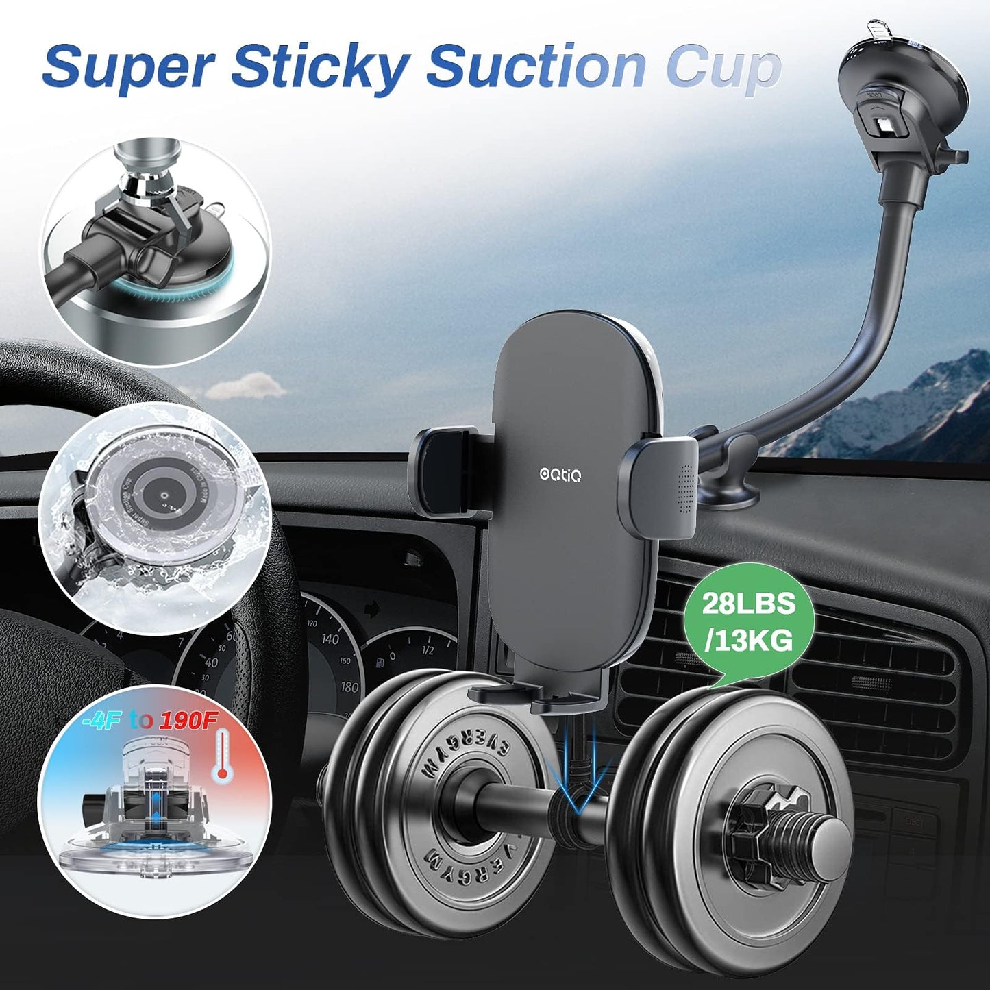 OQTIQ 13" Gooseneck Car Phone Mount - Windshield & Dashboard Holder with Strong Suction Cup, Anti-Shake Stabilizer, One-Button Release - Compatible