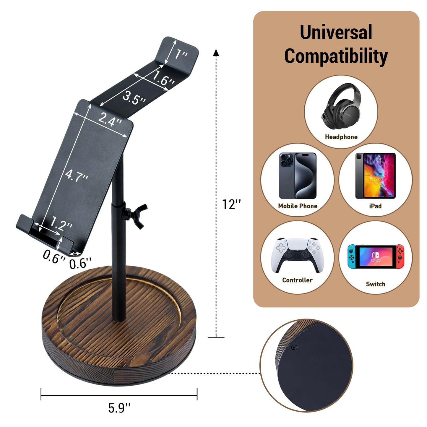 MyGift Industrial Matte Black Metal Headphone Stand with Adjustable Height and Burnt Wood Tray - Desktop Headset Holder for Office, Gaming, or Studio…