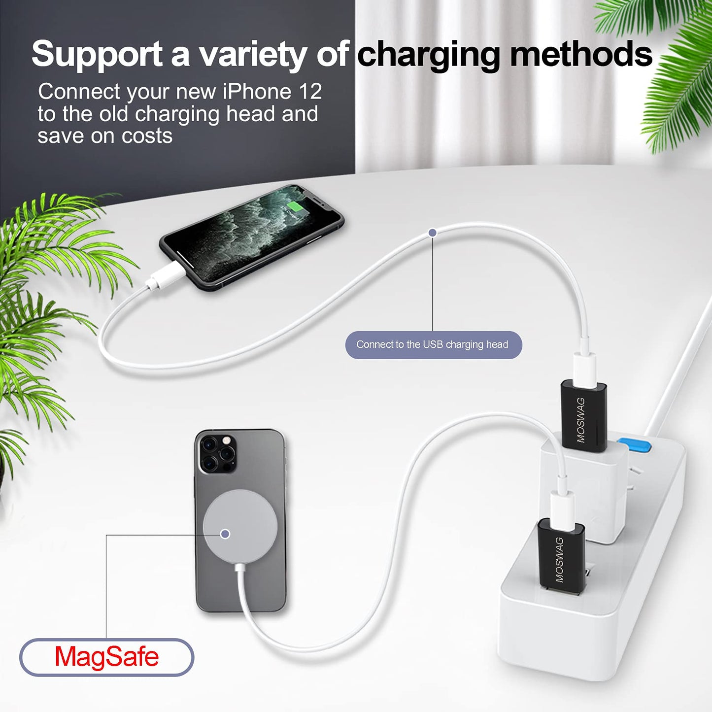 MOSWAG 2 Packs USB C to USB Adapter USB Male to Type C Female Adapter Type C Adapter Black Compatible with Apple MagSafe Charger,iMac,MacBook…