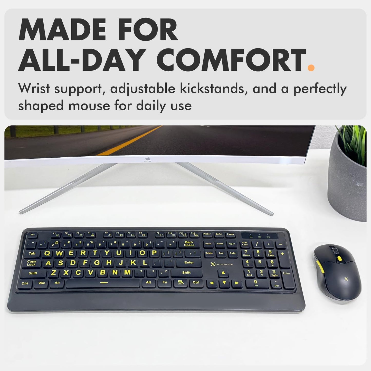 X9 Performance Large Print Wireless Keyboard and Mouse Combo - Easy to See Yellow Letters for Seniors and Low Vision Users - 2.4Ghz Wireless Mouse