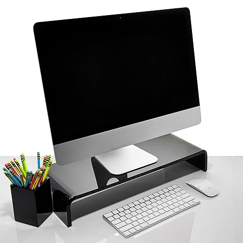 Acrylic Monitor Stand with Matching Pen Holder, 12mm Thick Clear Acrylic Monitor Riser, Laptop Stand for Home, Office, and Work. Computer Desk Riser