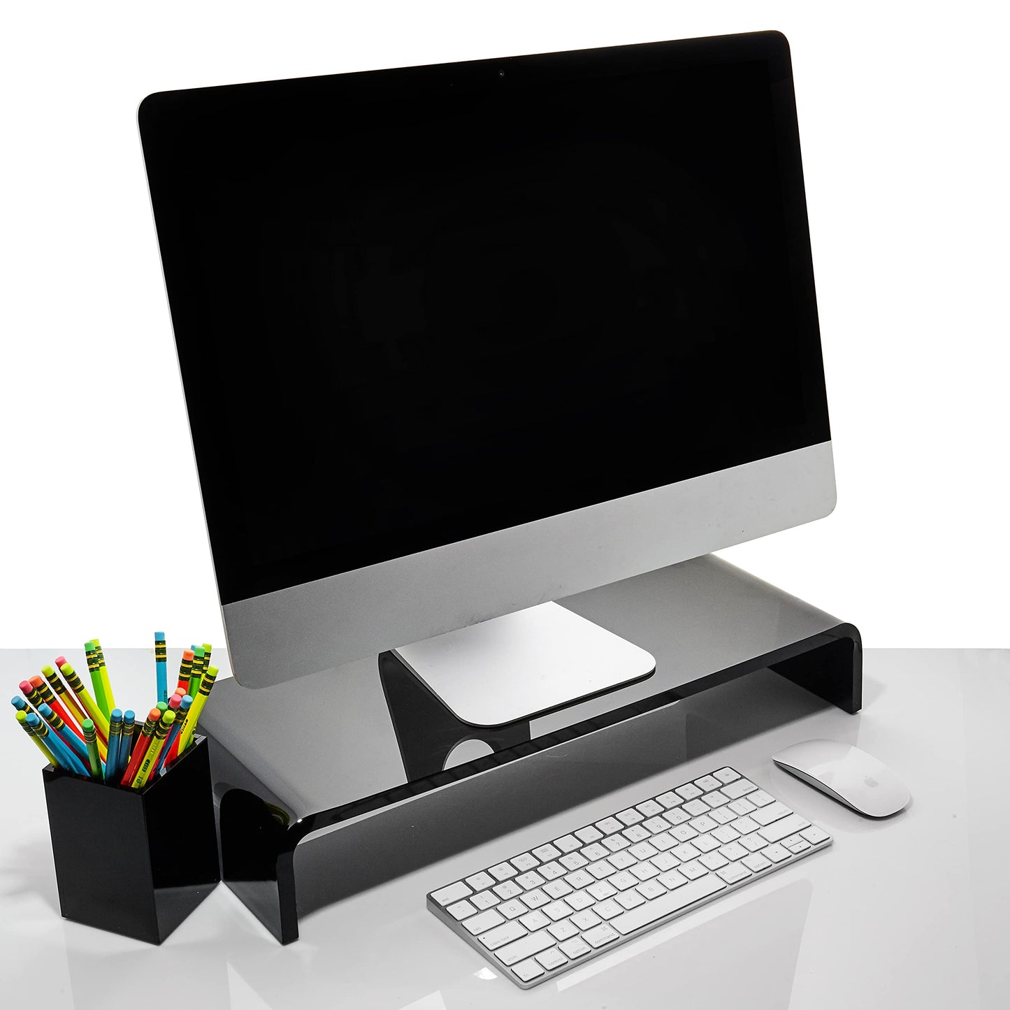 Acrylic Monitor Stand with Matching Pen Holder, 12mm Thick Clear Acrylic Monitor Riser, Laptop Stand for Home, Office, and Work. Computer Desk Riser