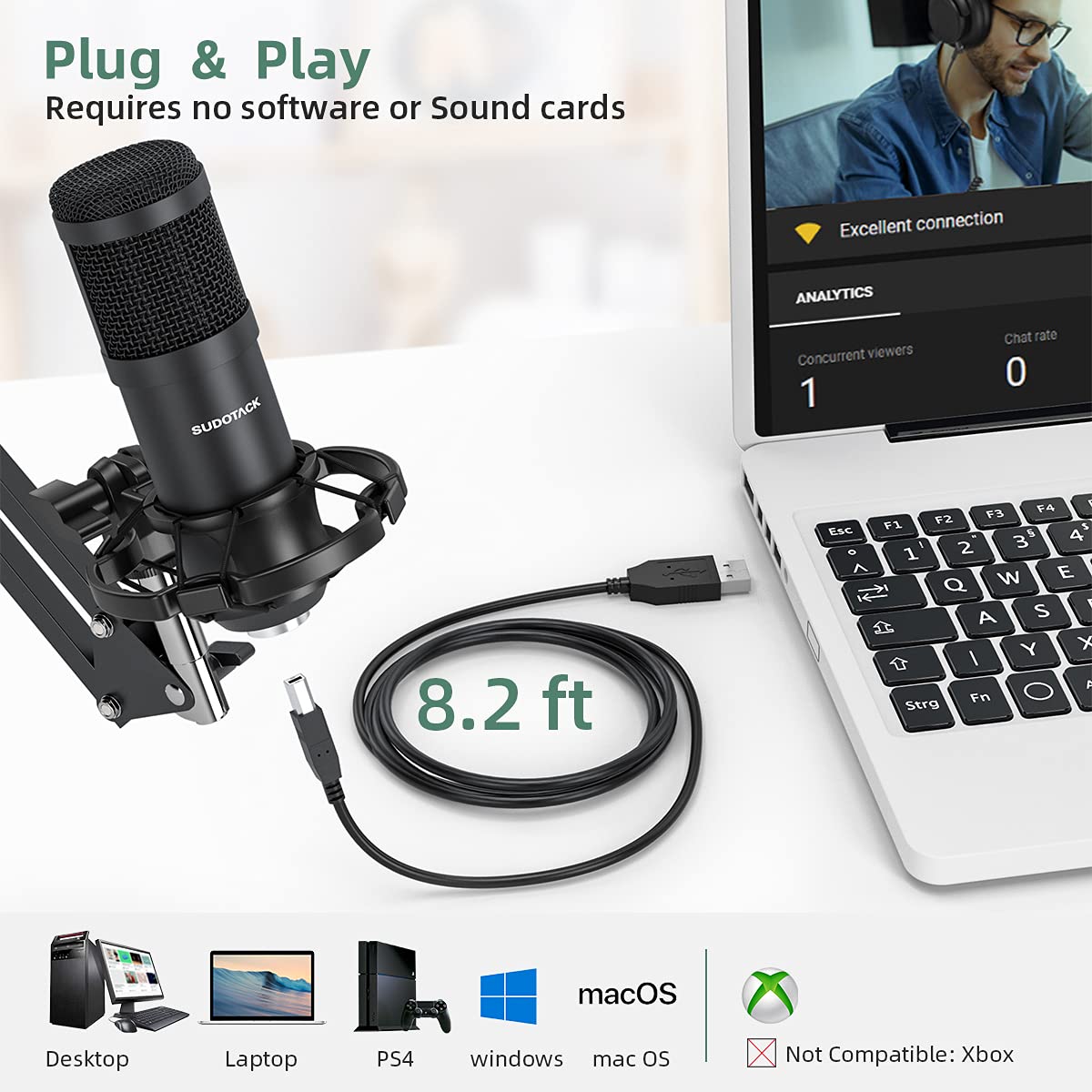 SUDOTACK USB Condenser Podcast Microphone for PC: Studio Microphone Kit with 192KHz/24bit Professional Sound Chipset Cardioid for Recording
