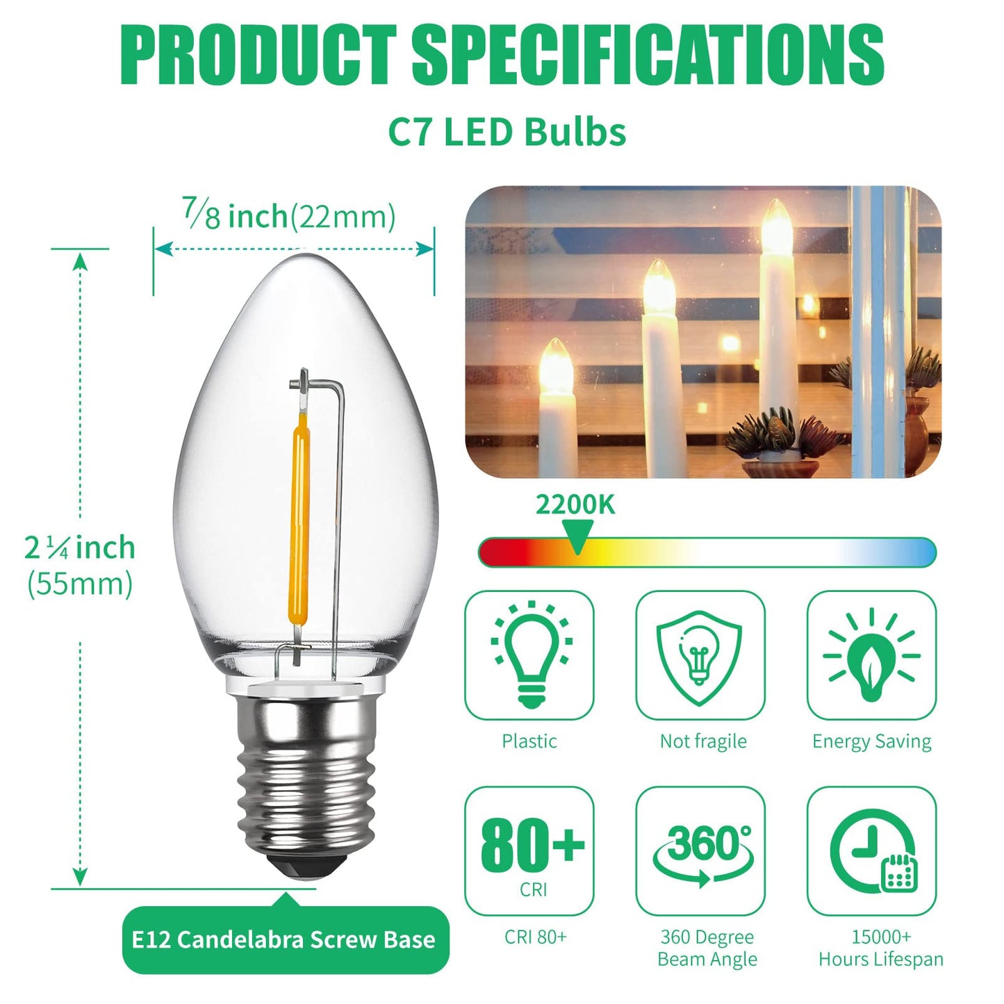 Meconard 6 Pack C7 LED Night Light Bulbs, E12 Candelabra Base, Warm White