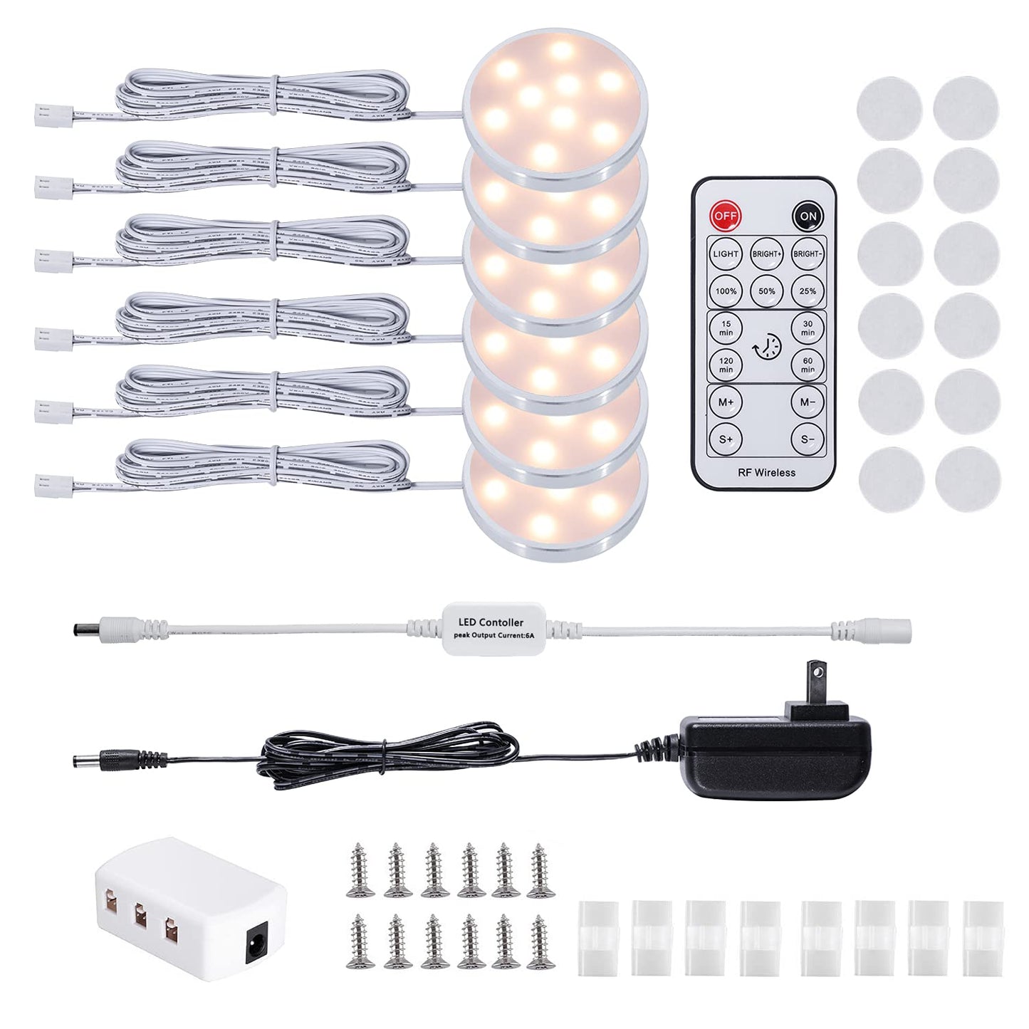 LED Dimmable Under Cabinet Lighting Kit,12V 6 Pack Wired Puck Lights with Remote Control, Plug in Under Counter Lighting Fixtures