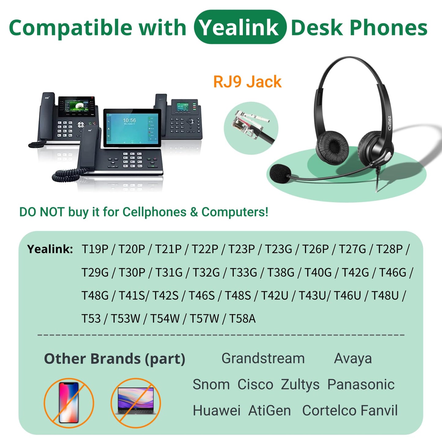 Callez Yealink Phone Headset with Quick Disconnect Cord, RJ9 Office Telephone Headset with Mic Noise Cancelling Compatible with Yealink T54W T33G T46S