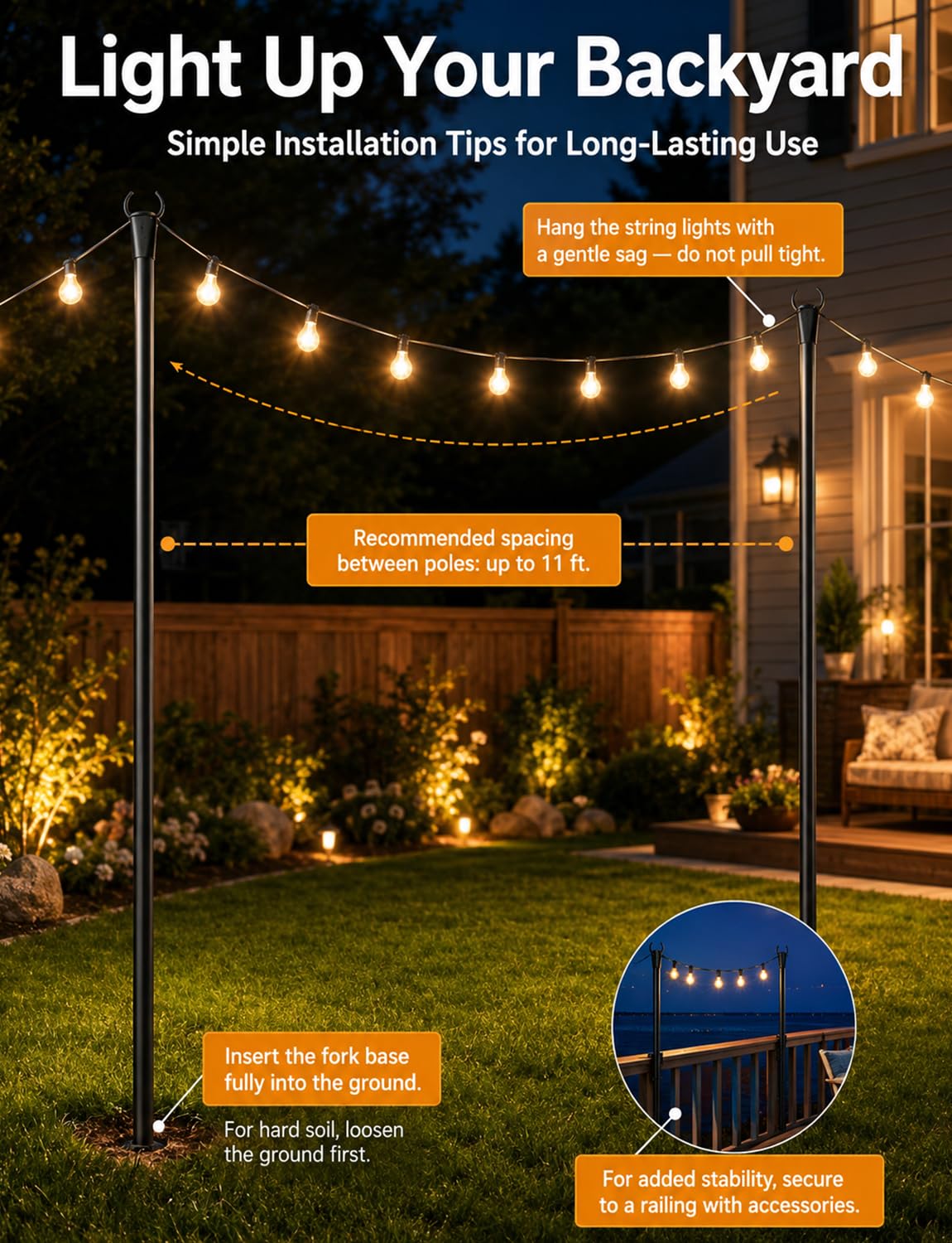 4 Pack String Light Poles for Outside, Thickened Metal Christmas Lights Hanger Pole Outdoor with Fork, Lighting Hanging Post Accessories for Patio