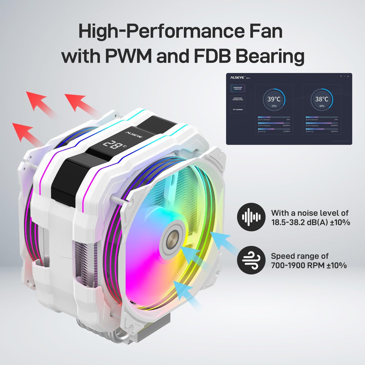 ALSEYE M120D Plus CPU Cooler with Temperature Display, Dual ARGB & PWM Fans, 6 Copper Heat Pipes - Compatible with Intel
