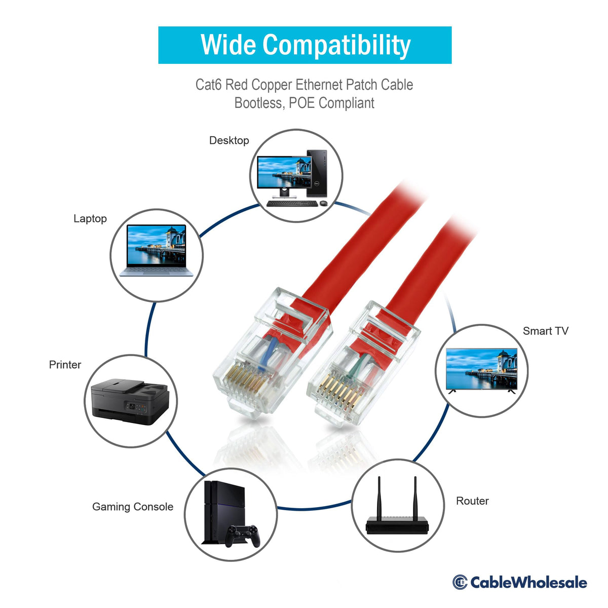 CableWholesale Cat6 UTP Ethernet Cable, Bootless, PoE, 50 ft, Red