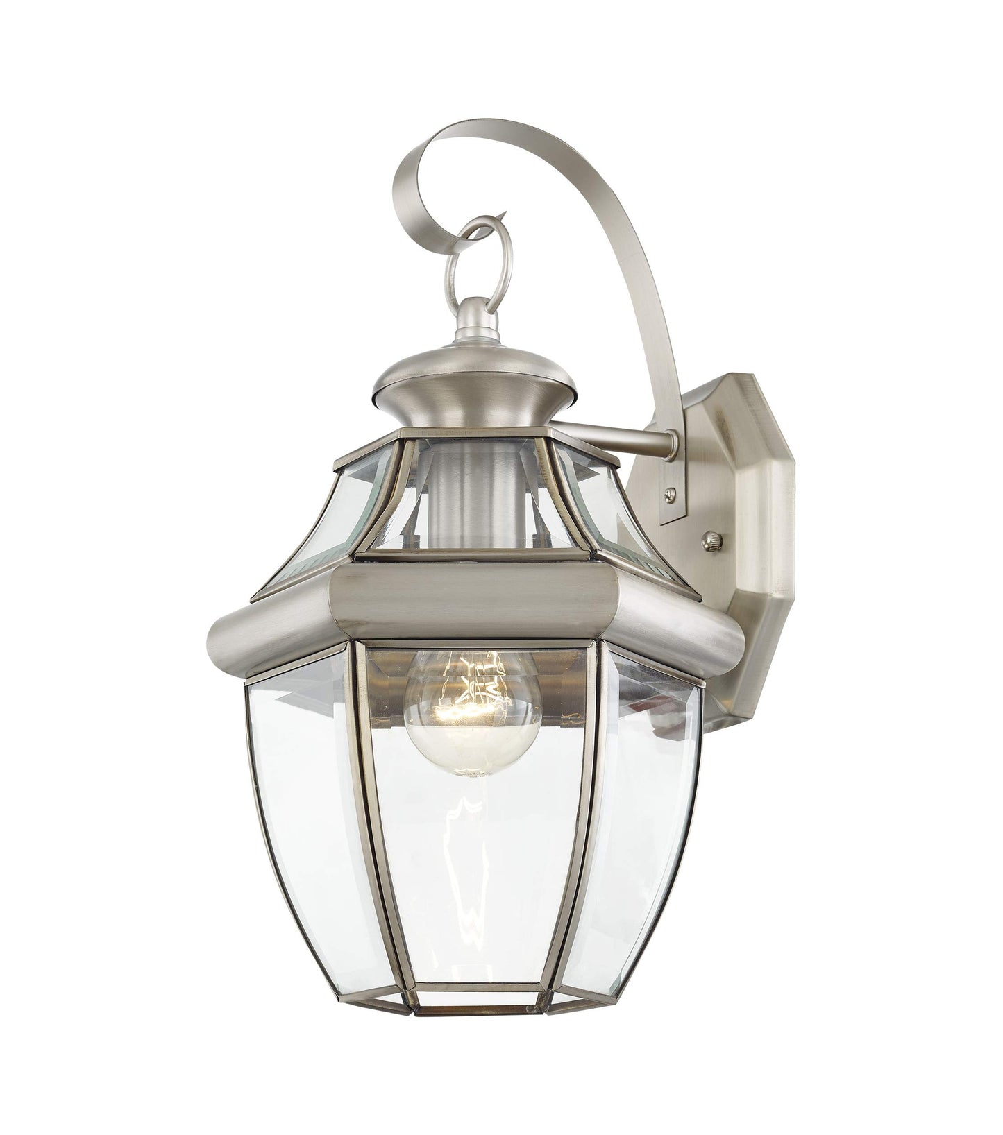 Livex Lighting 2151-91 Monterey 1 Light Outdoor Brushed Nickel Finish Solid Brass Wall Lantern with Clear Beveled Glass 13" x 8.5" x 8.25"