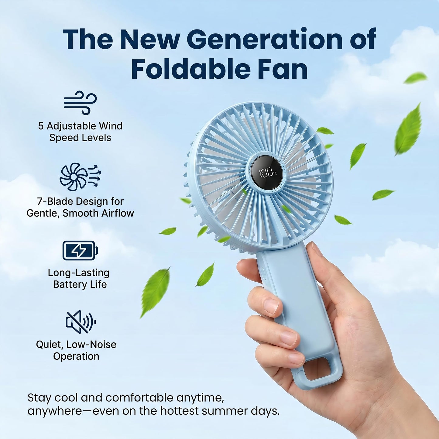Zyriolin Foldable Handheld Fan, 3600mAh Rechargeable Personal Fan, Quiet 5-Speed, Up to 9 Hours, Compact Travel Fan for Office, Outdoor, Pets, Sports