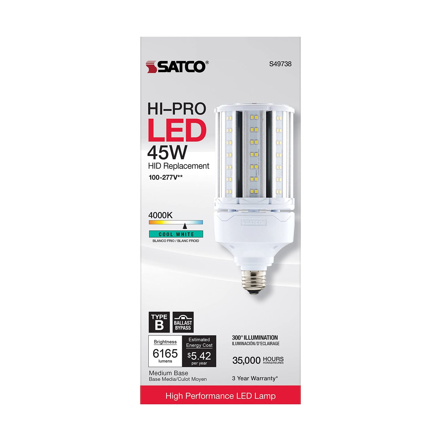 Satco S49738 Corncob LED HID Light Bulb, Medium Base, 45W, 35000 Hour Rating, 6165L, Cool White