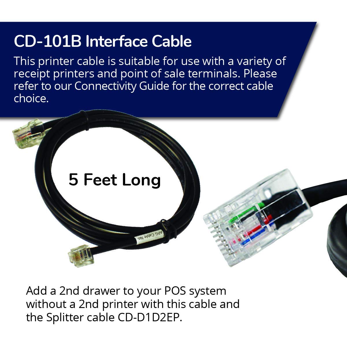 APG Printer Interface Cable | CD-101B | Cable for Cash Drawer to Printer Connection | 1 x RJ-12 Male - 1 x RJ-45 Male | Connects to EPSON and Star