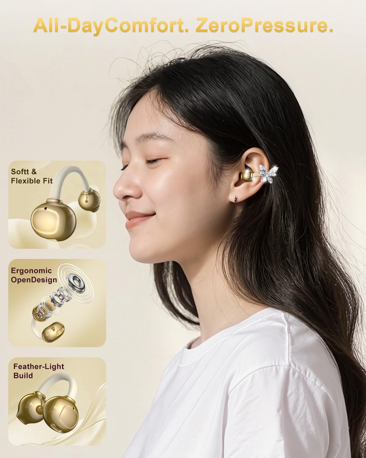 Alfu Bluetooth Wireless Open Ear Earbuds: Jewelry Clip On Headphones with Butterfly Earrings - Bluetooth 6.0 IPX5 Waterproof Earphones with Fashion