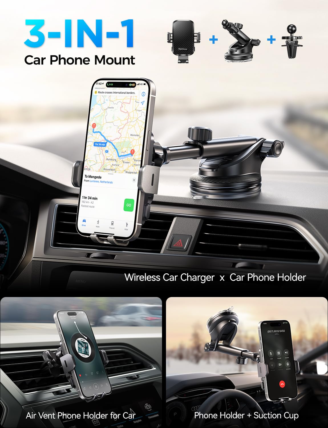 CHGeek Wireless Car Charger with Phone Holder Mount, 15W Fast Charging Auto Clamping Phone Holders for You Car Windshield Dashboard Air Vent