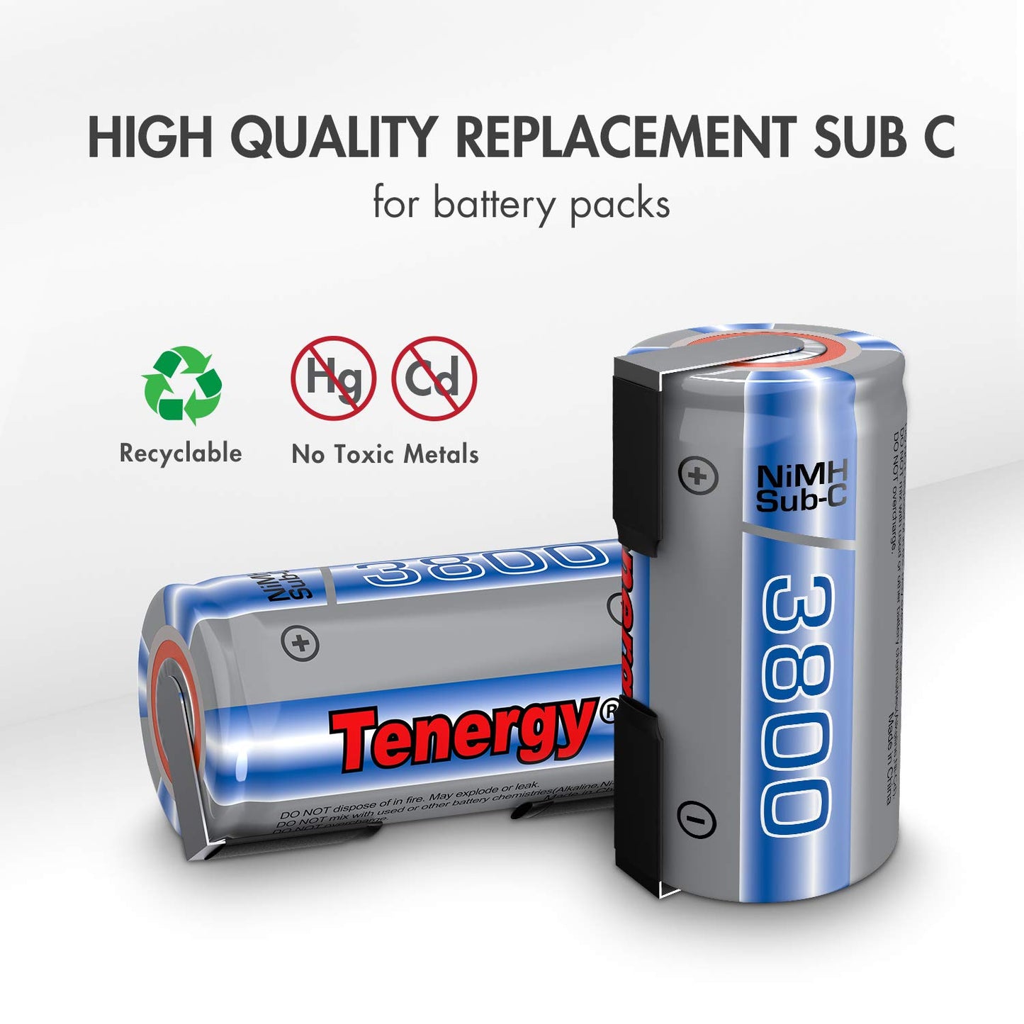 Tenergy NiMH SubC 1.2V 3800mAh Rechargeable Batteries, with Tabs, 10 Pack