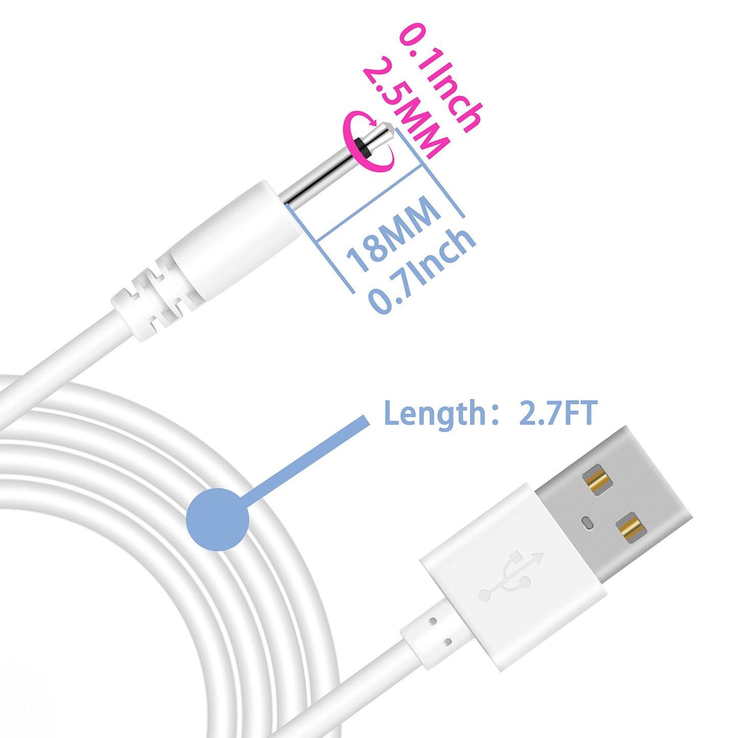 Bicmice 2.7Ft USB DC Charging Cable 2.5mm Fast Charger Replacement Cord - 2 Pack