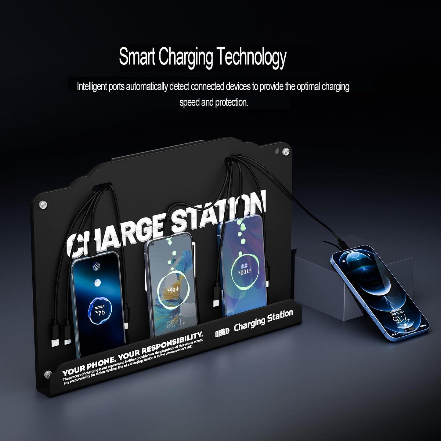 Wall Mounted 8 Port Charging Station with Fast Charigng Cables - Multi Device Charging Dock for Office, Hotel & Public Spaces | Compatible with iPhone