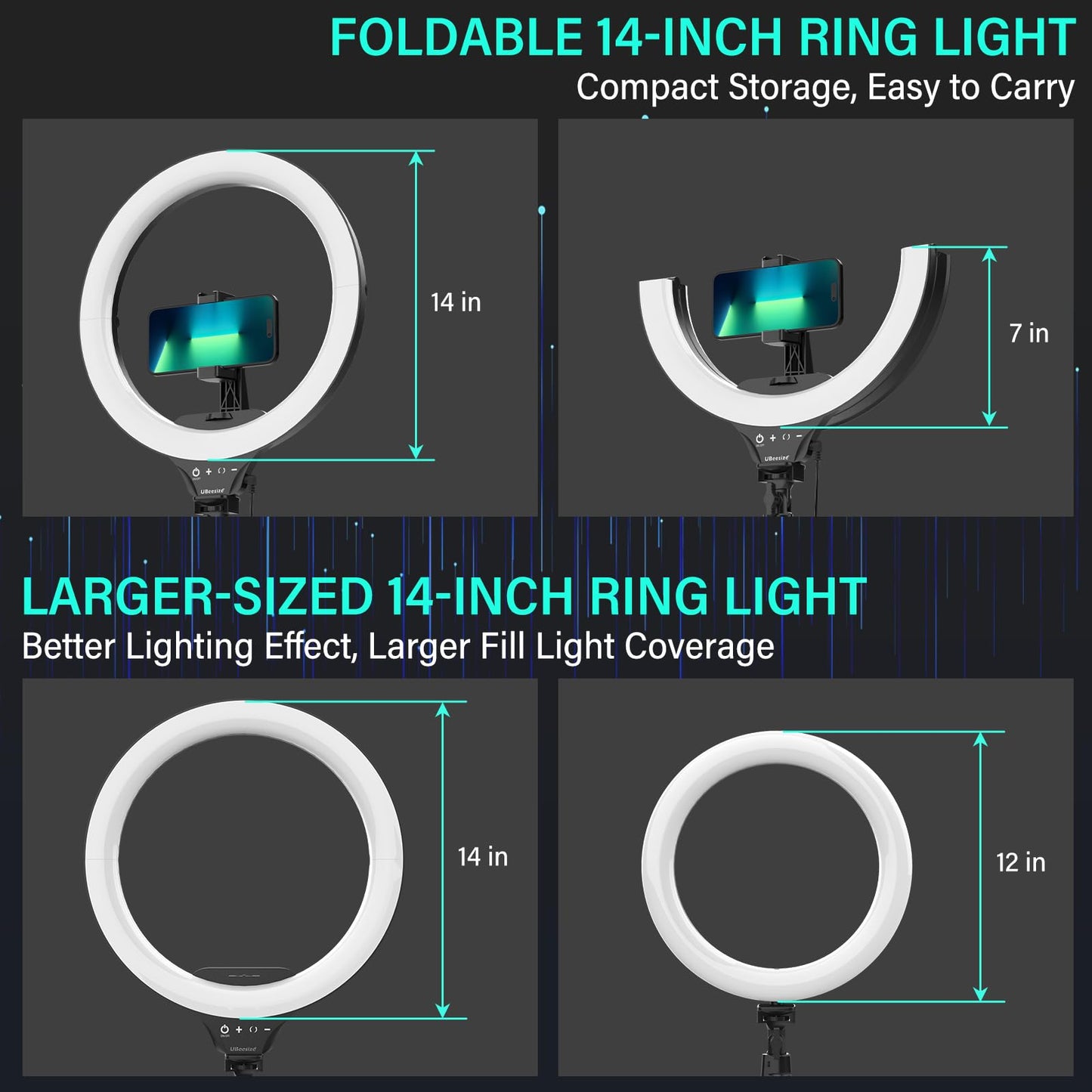 UBeesize 14'' LED Foldable Ring Light with 62'' Tripod Stand, Selfie Ring Light for Video Recording, Live Streaming, TikTok & YouTube, Compatible with