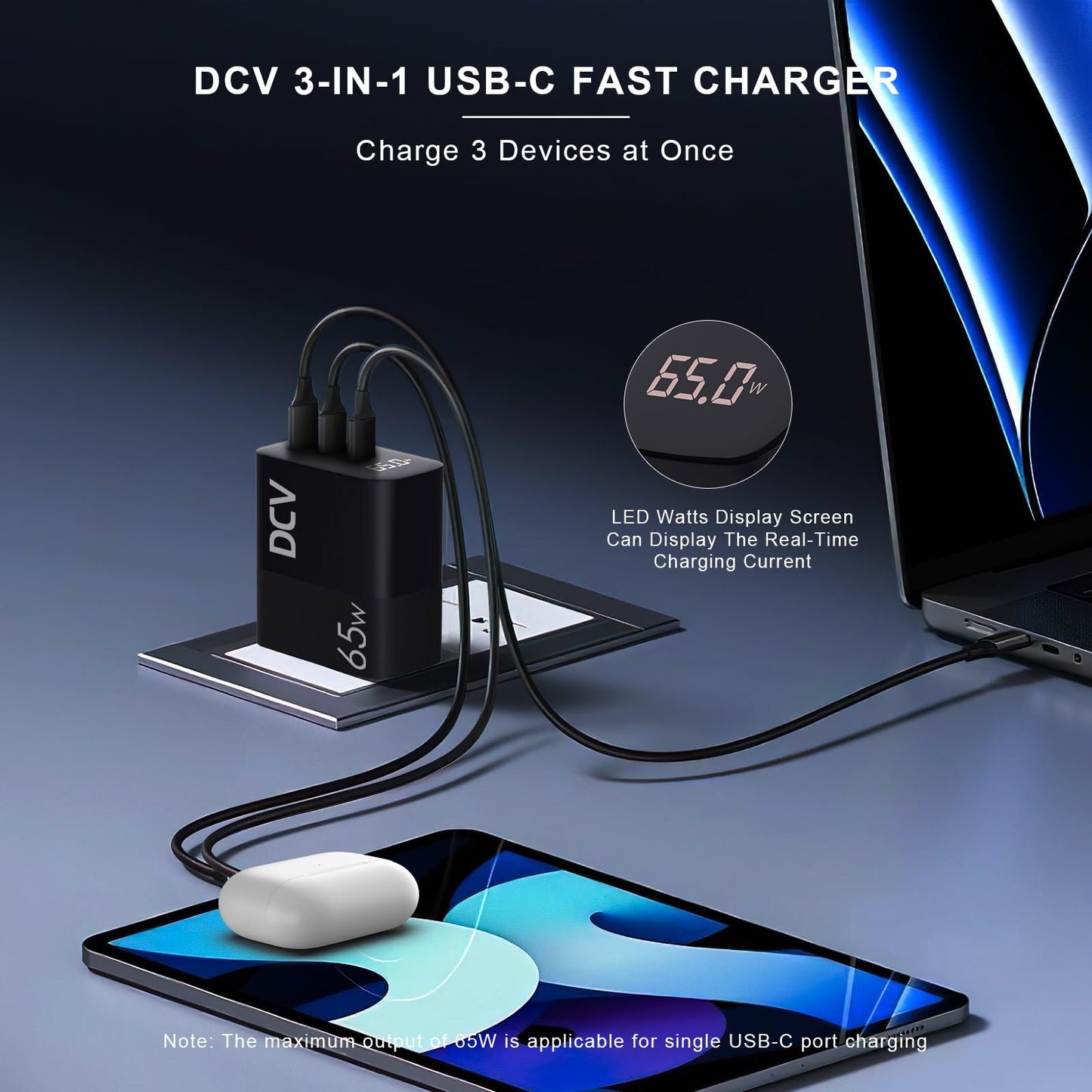 DCV 65W USB C Charger with 6.6ft C to C Cable, GaN 3-Port Fast Charging Block with LED Digital Display, PD/PPS/QC 3.0 Foldable Wall Charger
