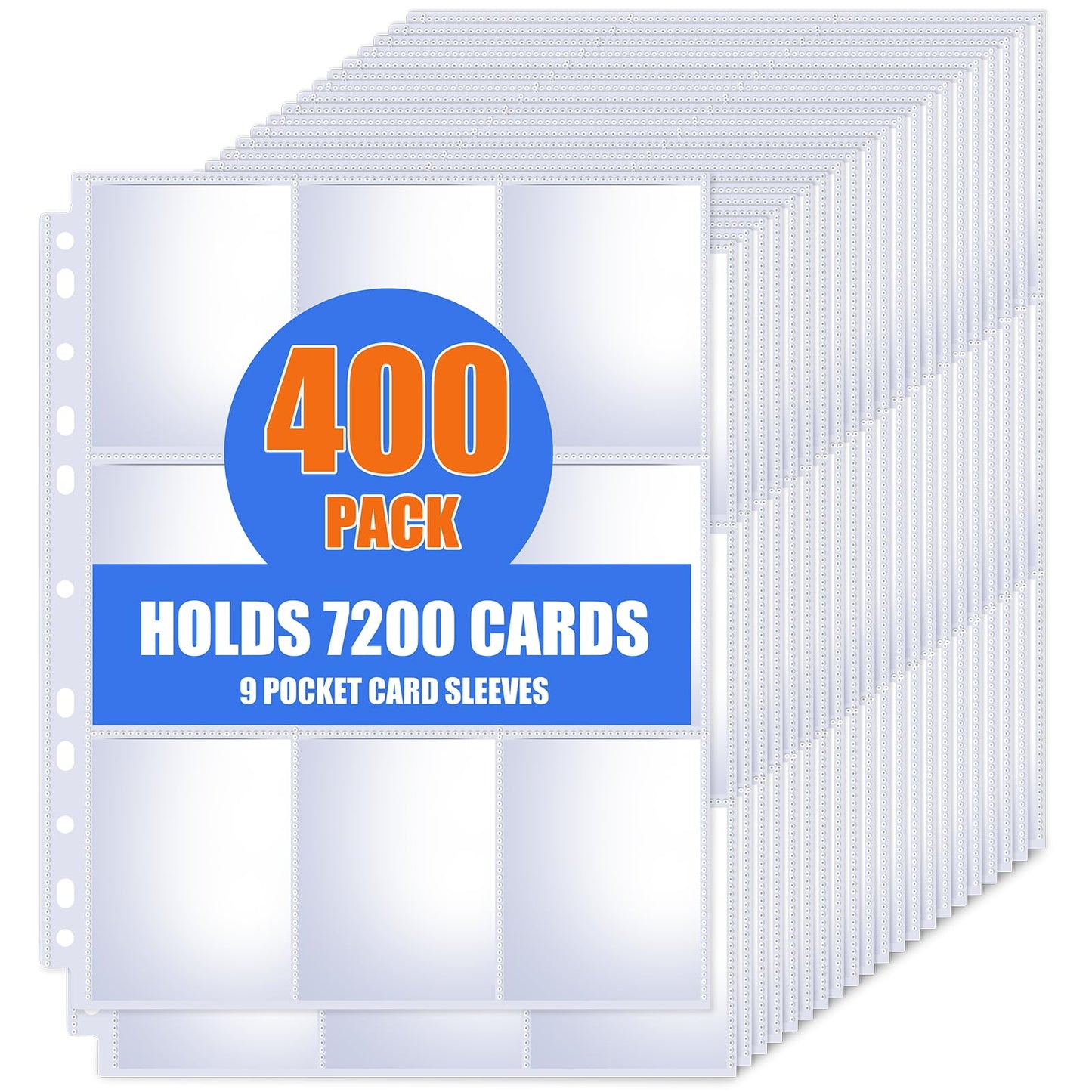 400 Pack 9 Pocket Card Sleeves Binder Sheets, Trading Card Sleeves for 3 Ring Binder, Holds 7200 Cards, Card Holder Binder Pages Protectors Fit