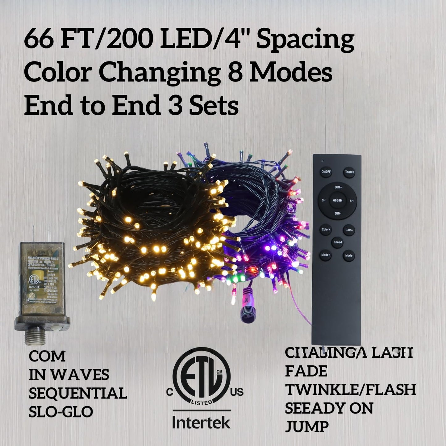 JinBest 200 LED Color Changing String Lights 66ft, Remote, ETL, Waterproof