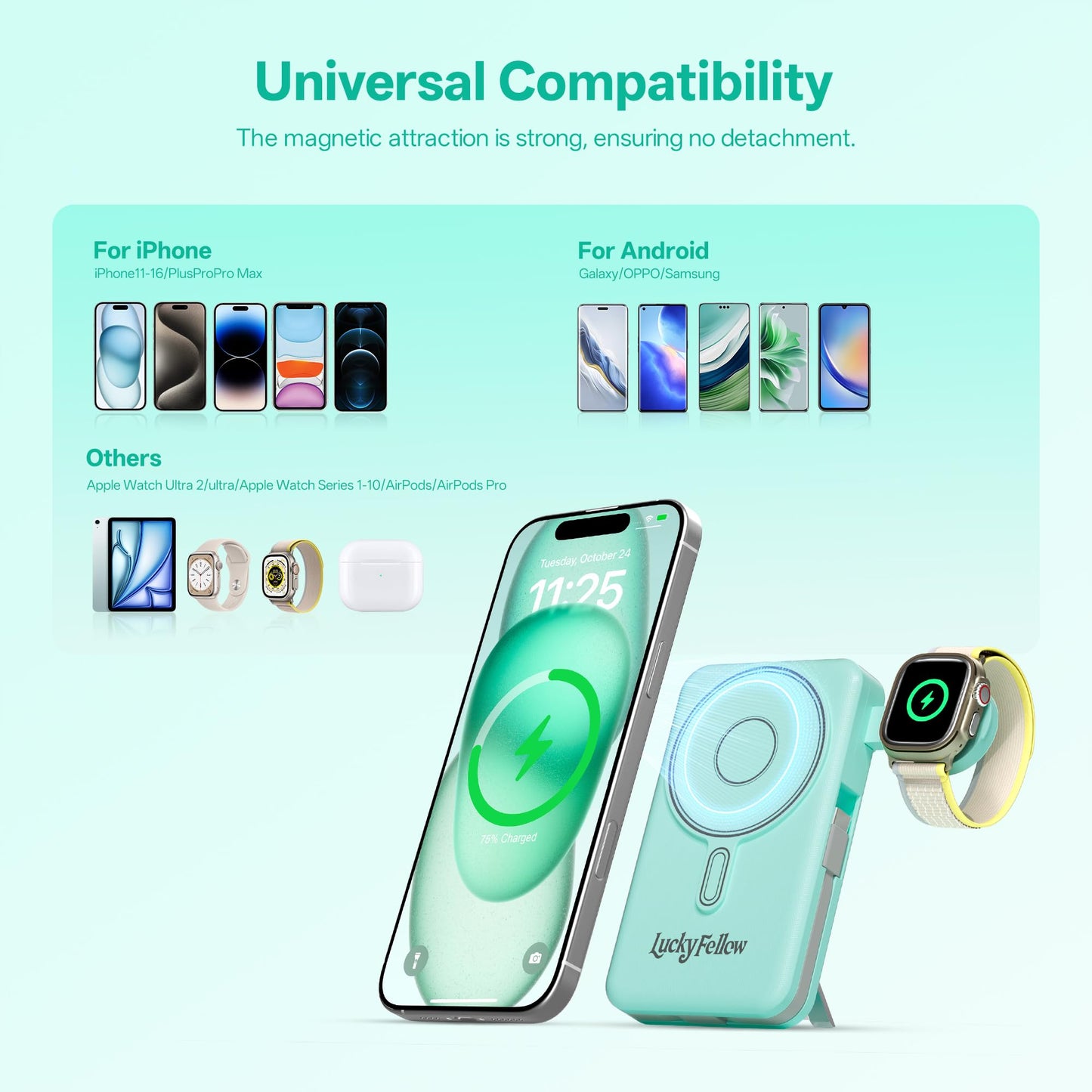 LUCKYFELLOW Magnetic Portable Charger Built-in Cables,10000mAh Fast Charging Wireless Charger Station External Battery Pack Slim Pocket Size Power