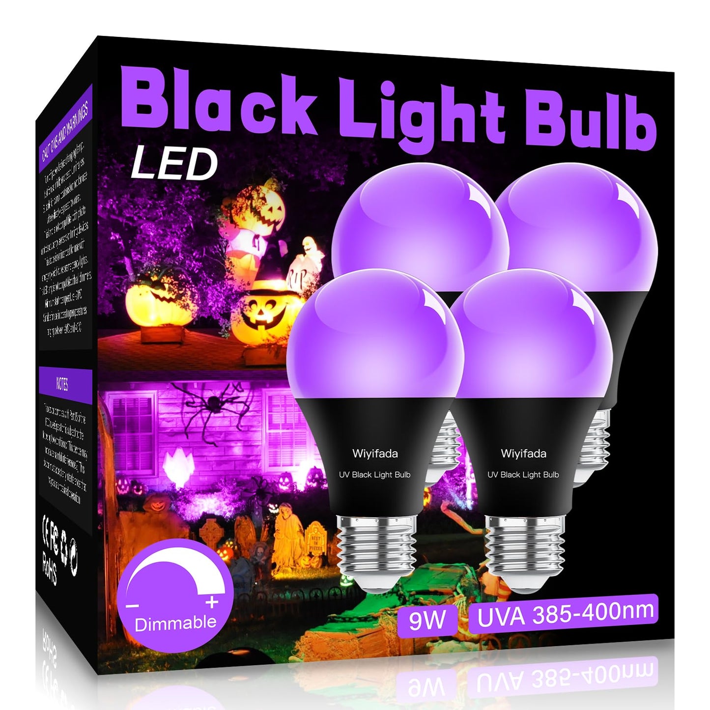 Wiyifada LED Black Light Bulbs 4 Pack, Dimmable A19 9W,UVA Level 385-400nm