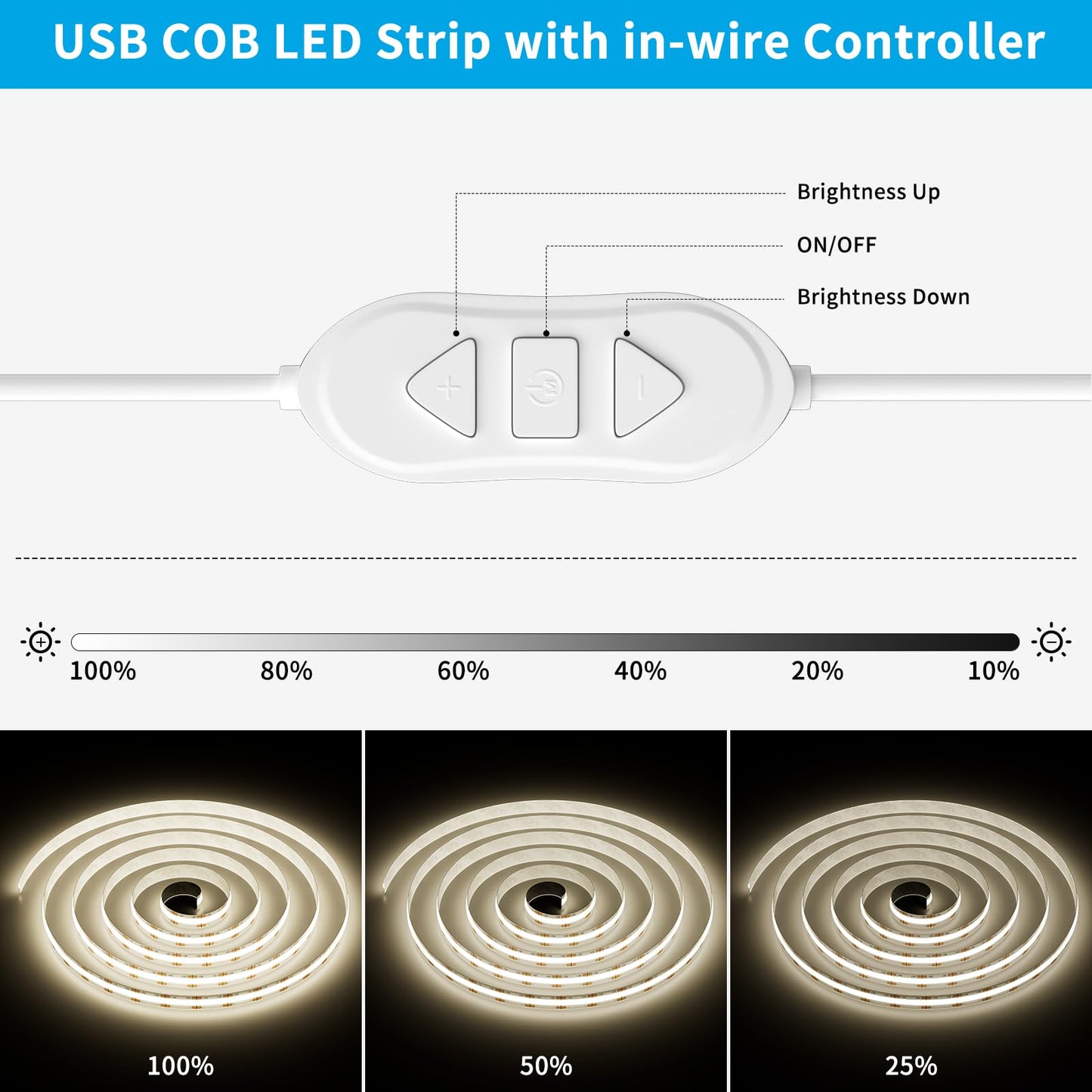 Gingsow USB 5V COB LED Strip Lights 3.28ft/1M, Natural White 4000K Dimmable USB Powered Density COB Tape Flexible Cuttable LED Strip for TV Backlight
