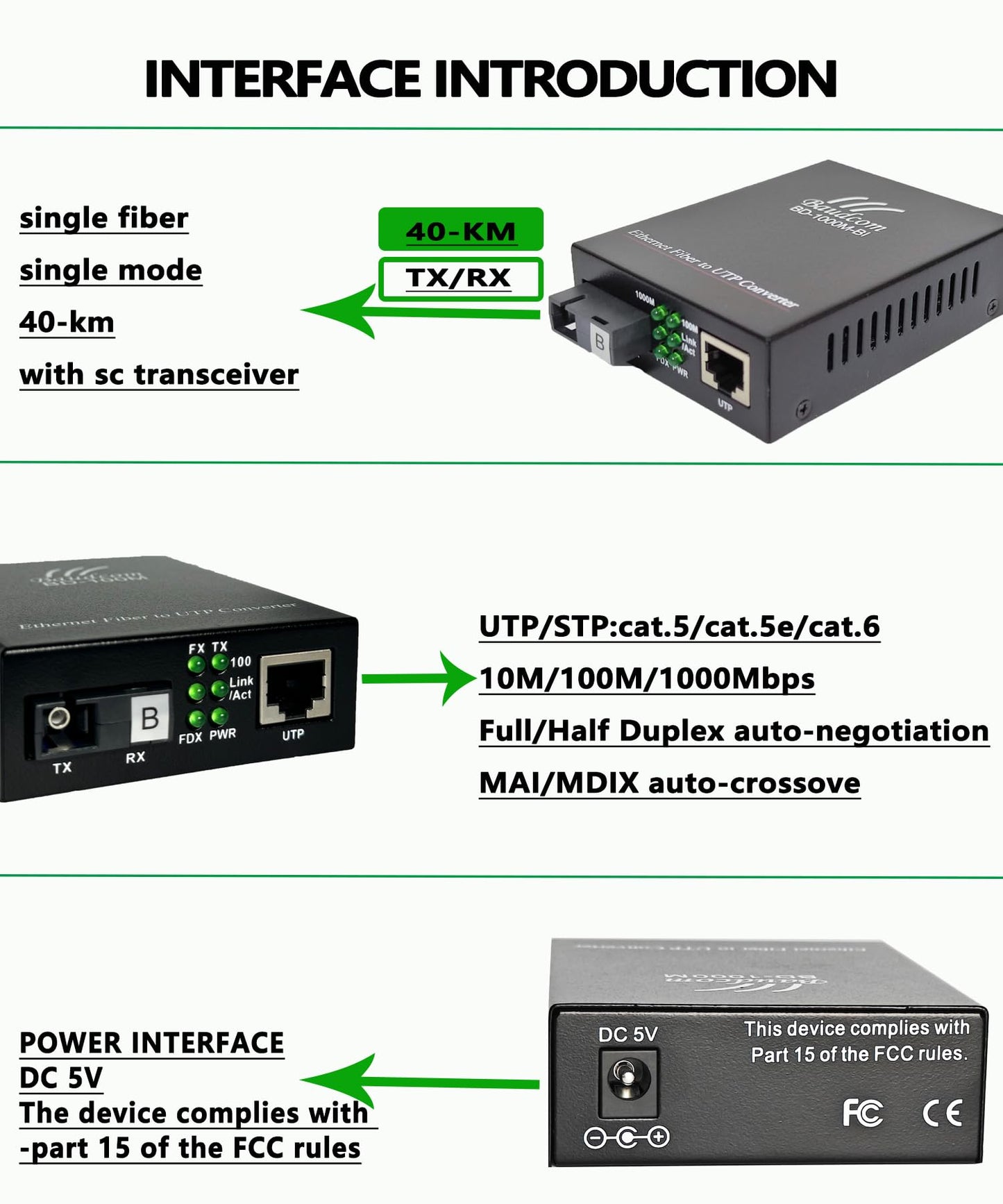 Baudcom a Pair Gigabit SingleMode Fiber to Ethernet Media Converter, Single Fiber, 1000Base-LX to 10/100/1000Base-Tx Gigabit SMF Fiber SC to Copper
