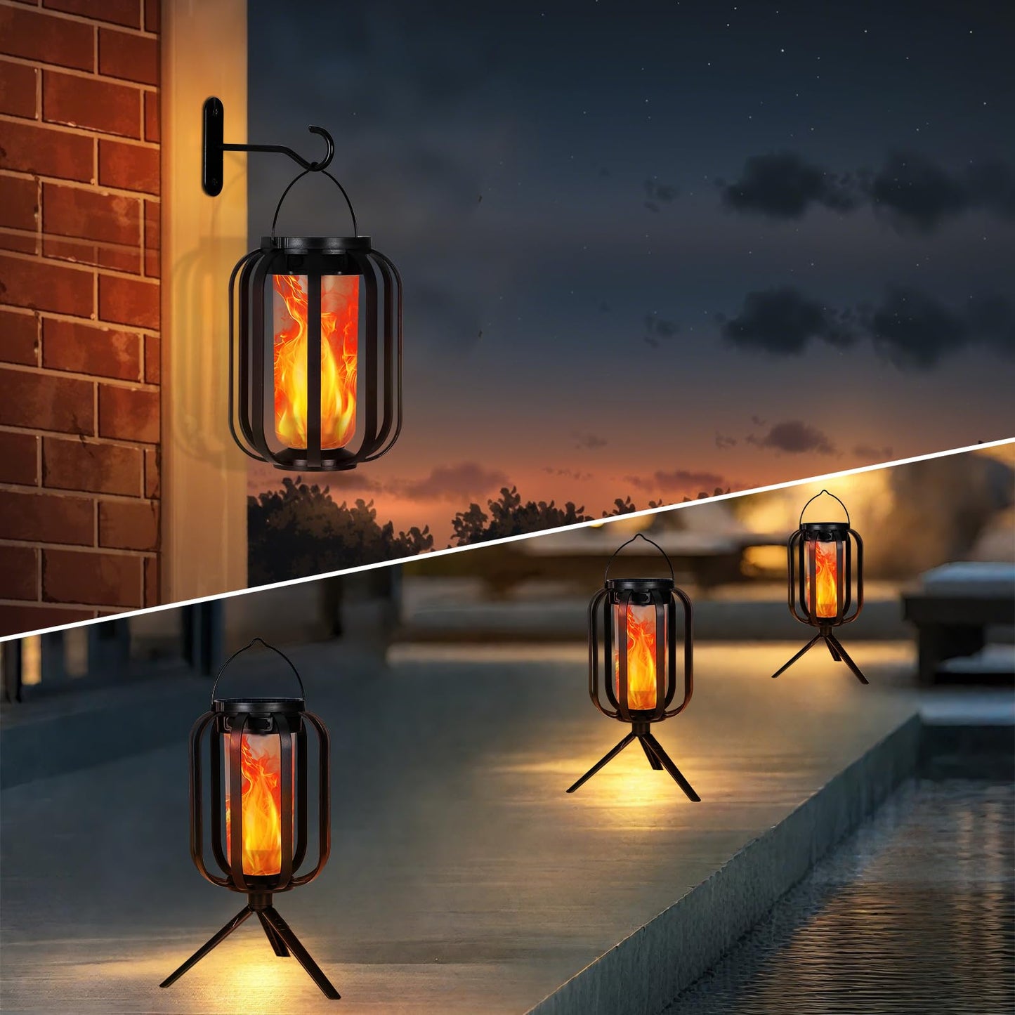Solar Lantern Outdoor Lights, 2 Pack Waterproof Solar Powered Lanterns with Flickering Flame, Hanging Lantern Decorative for Outside, Solar Powered