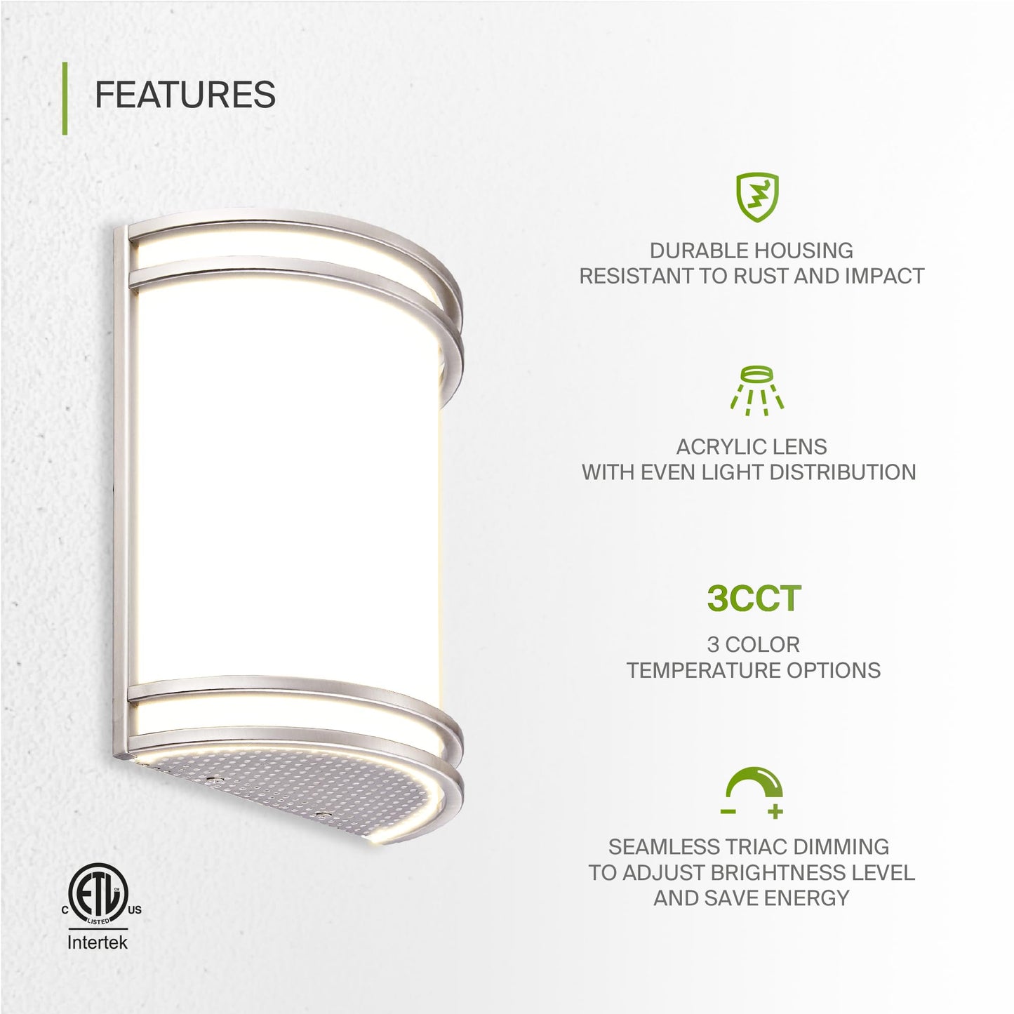 ASD LED Indoor Wall Mount Light Fixture - 10 Inch 15W Modern Interior Brushed Nickel Dimmable Wall Sconce Light - ETL 3000K 4000K 5000K Adjustable