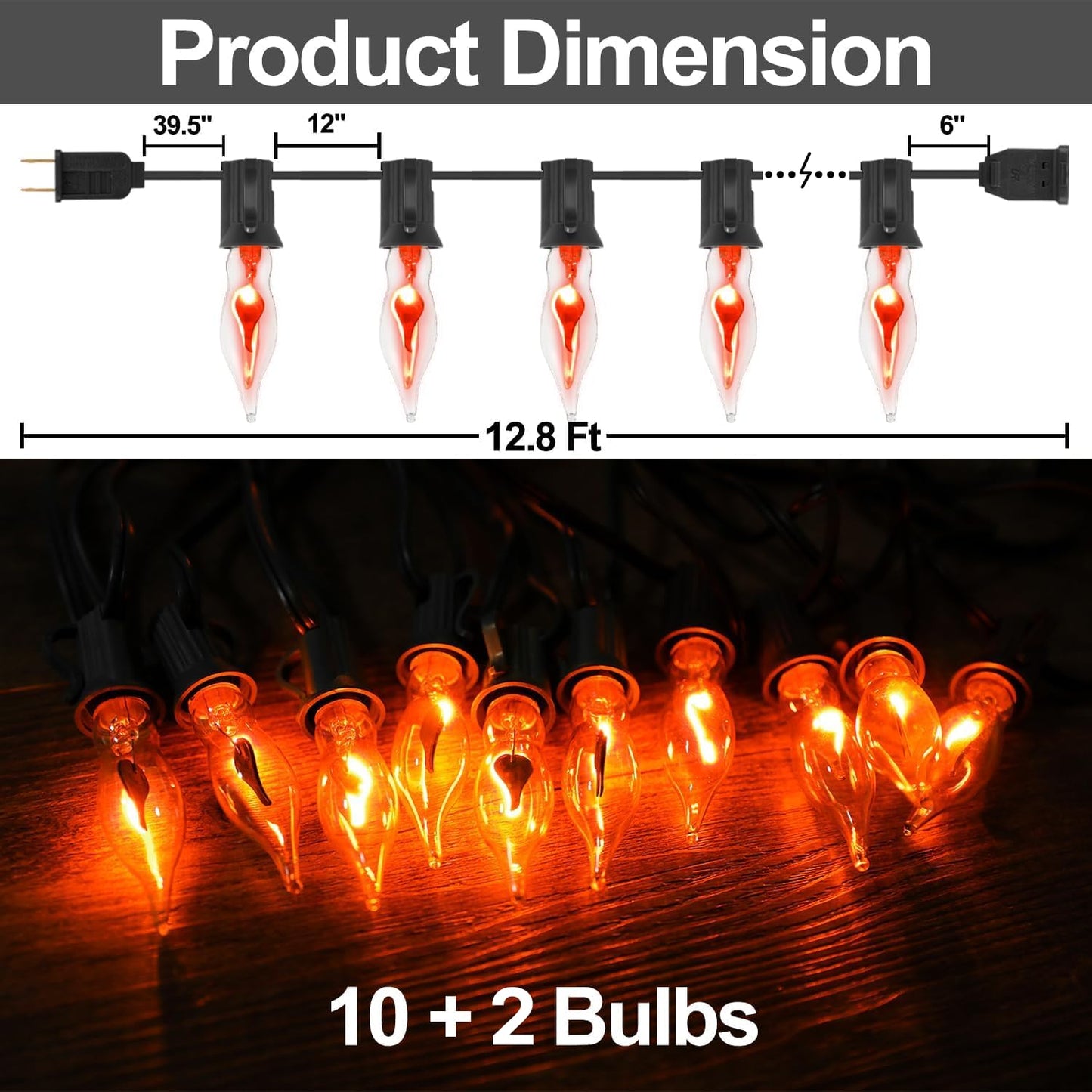 Halloween Decorations-Flickering Flame String Lights Outdoor Indoor, 12.8Ft C7 Retro Twinkle Flame Lights String with 10 Flame Light Bulbs(E12 Bulbs