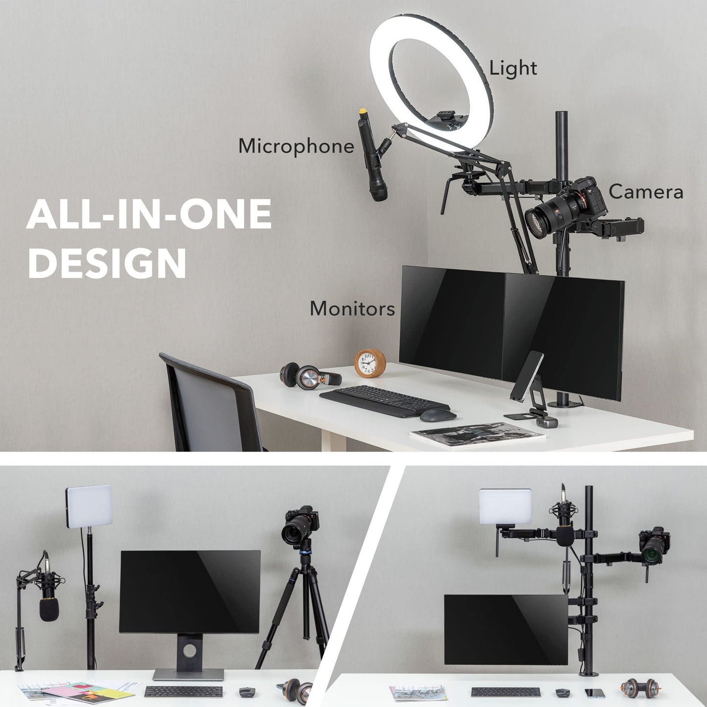 Mount-It! All in One Live Streaming Equipment - 5 Arm Desk Mount - Holds Dual Monitors, Cameras, Ring Light with Mic Desktop Stand Set, YouTube Setup