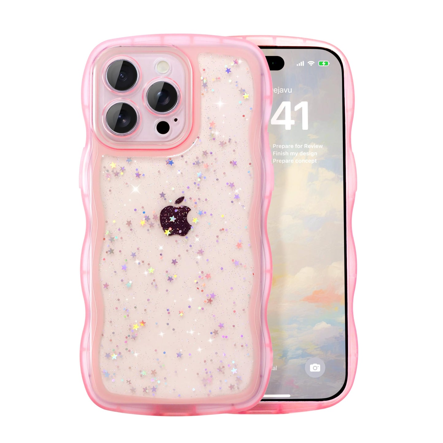 IAIYOXI Case for iPhone 14 Plus - Curly Wave Edge Design, Bling Glitter Star Shiny Case, Cute Pink Clear Full Protection Soft TPU Shockproof Cover