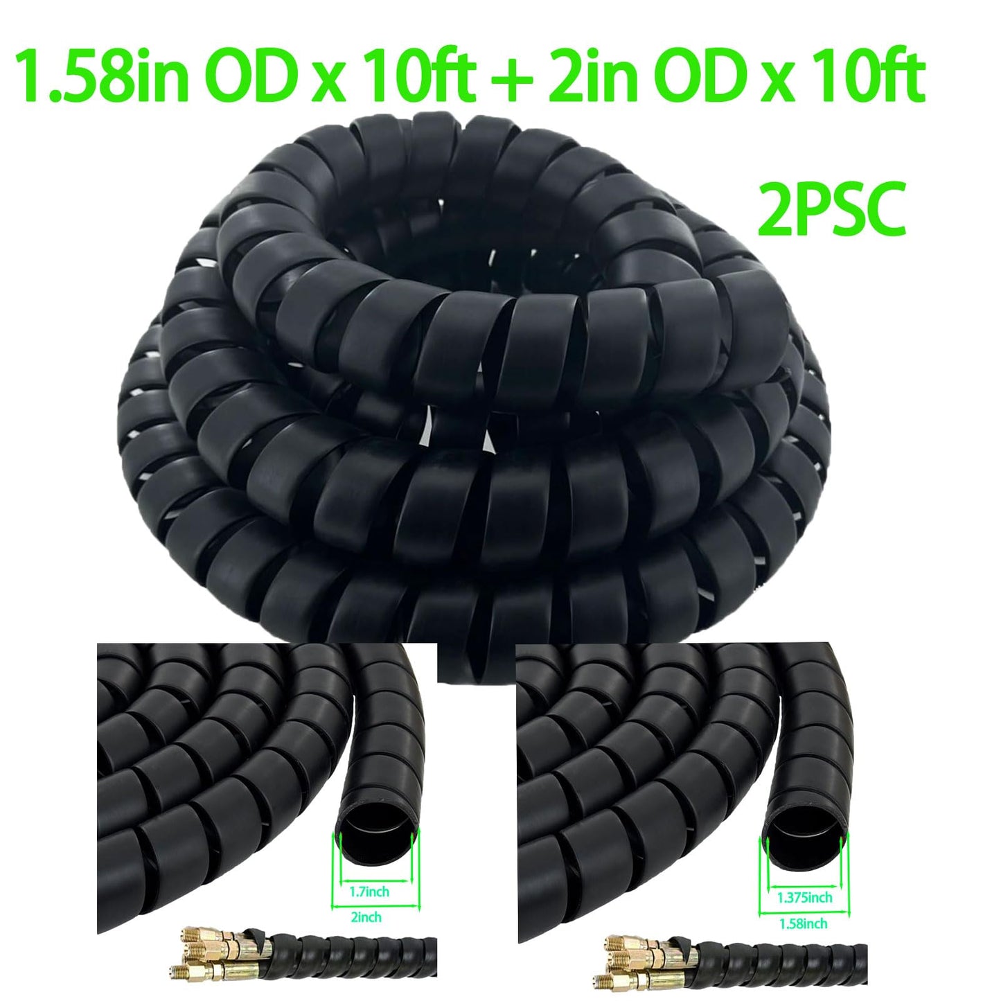 3PCS Spiral Wrap Cable Protector 1.25+1.58+2in OD x 10ft Pre-Cut Lengths Safe Hose Protector to Avoid Wear Extend Life for Hydraulic Pneumatic Hose